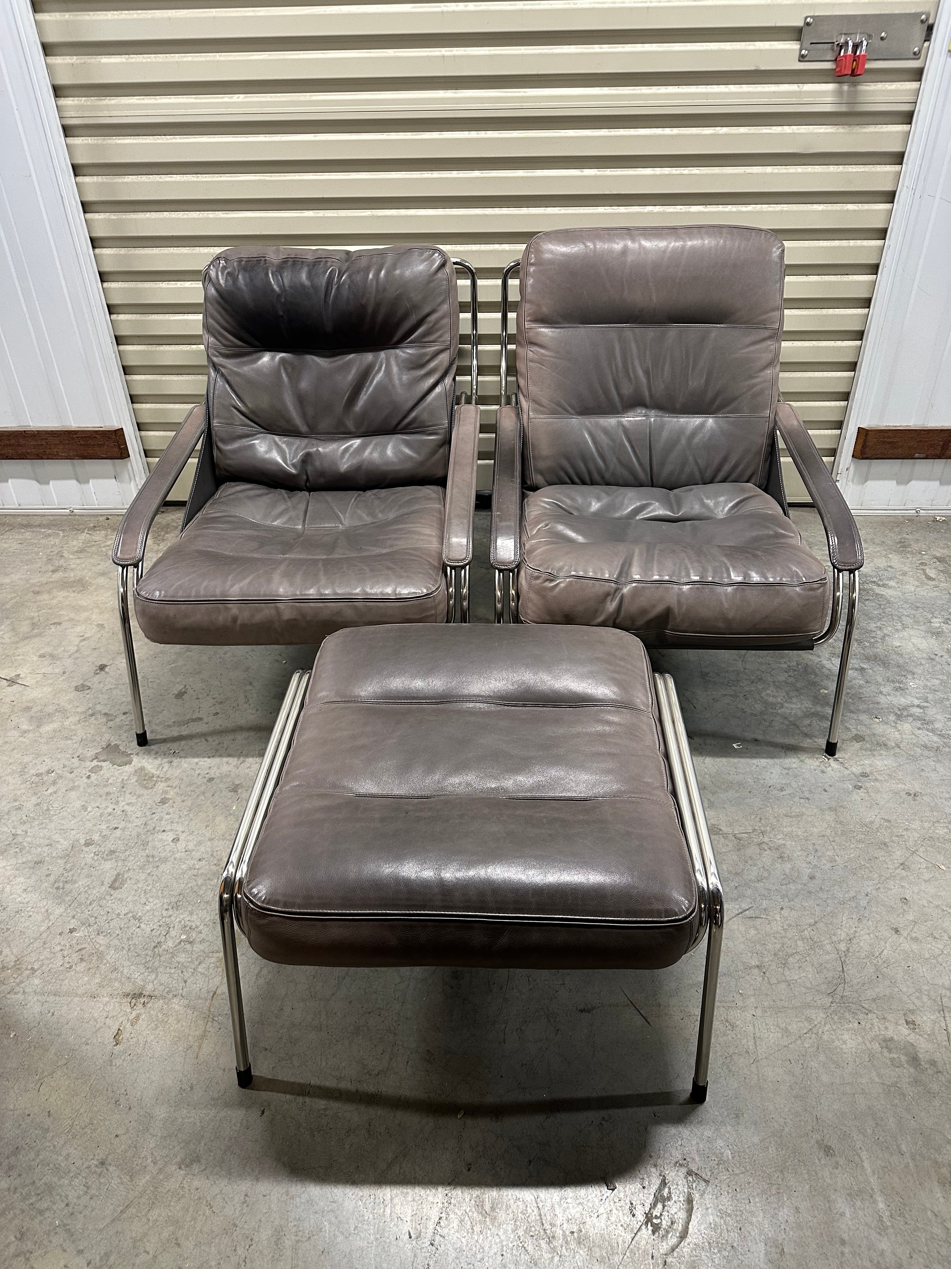 Marco Zanuso for Zanotta Brown Leather Maggiolina Lounge Chair & Footstool