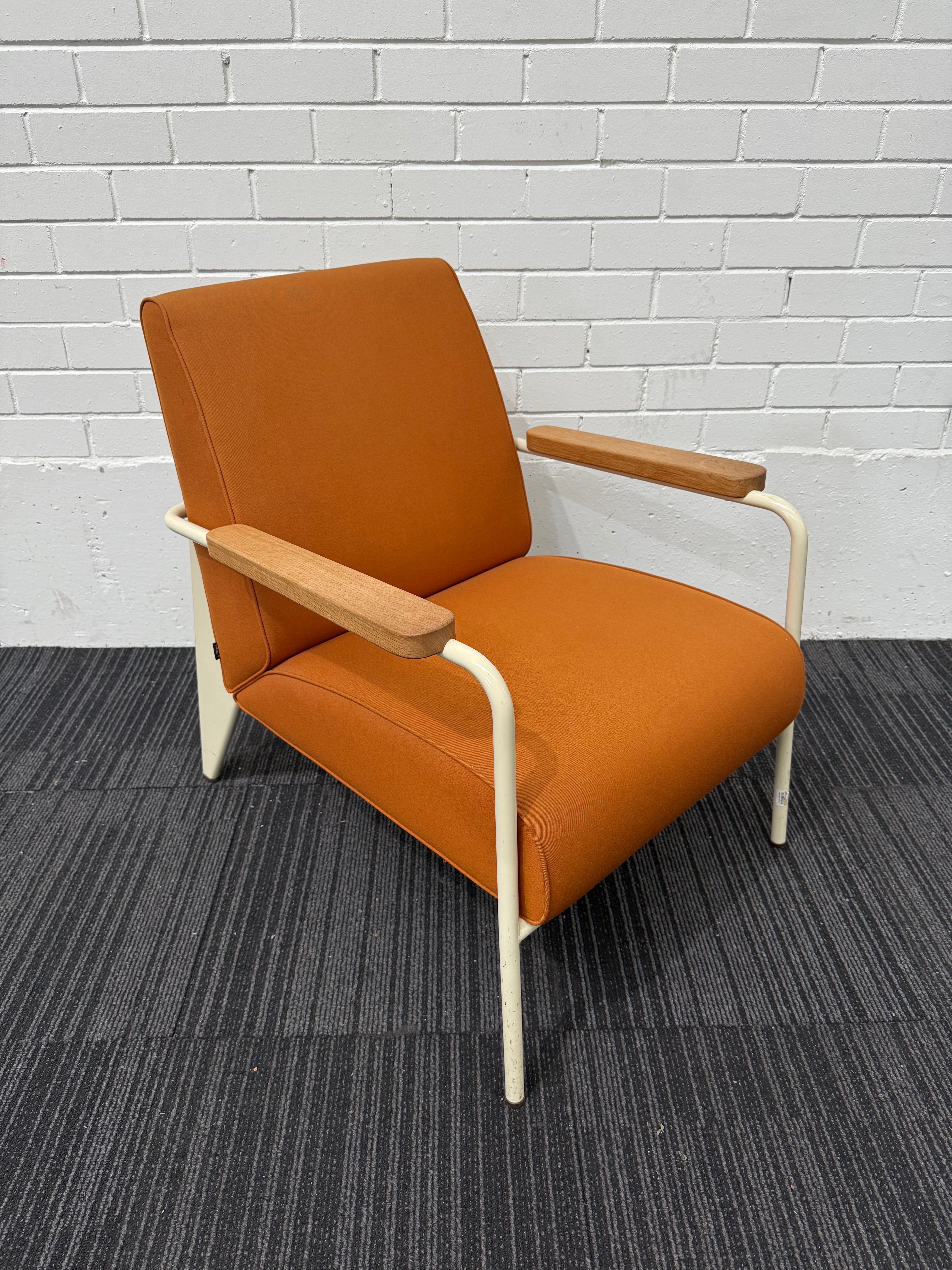 Vitra Fauteuil de Salon by Jean Prouvé Armchair – Ecru Frame, Twill Cognac Upholstery, Natural Oak Armrests