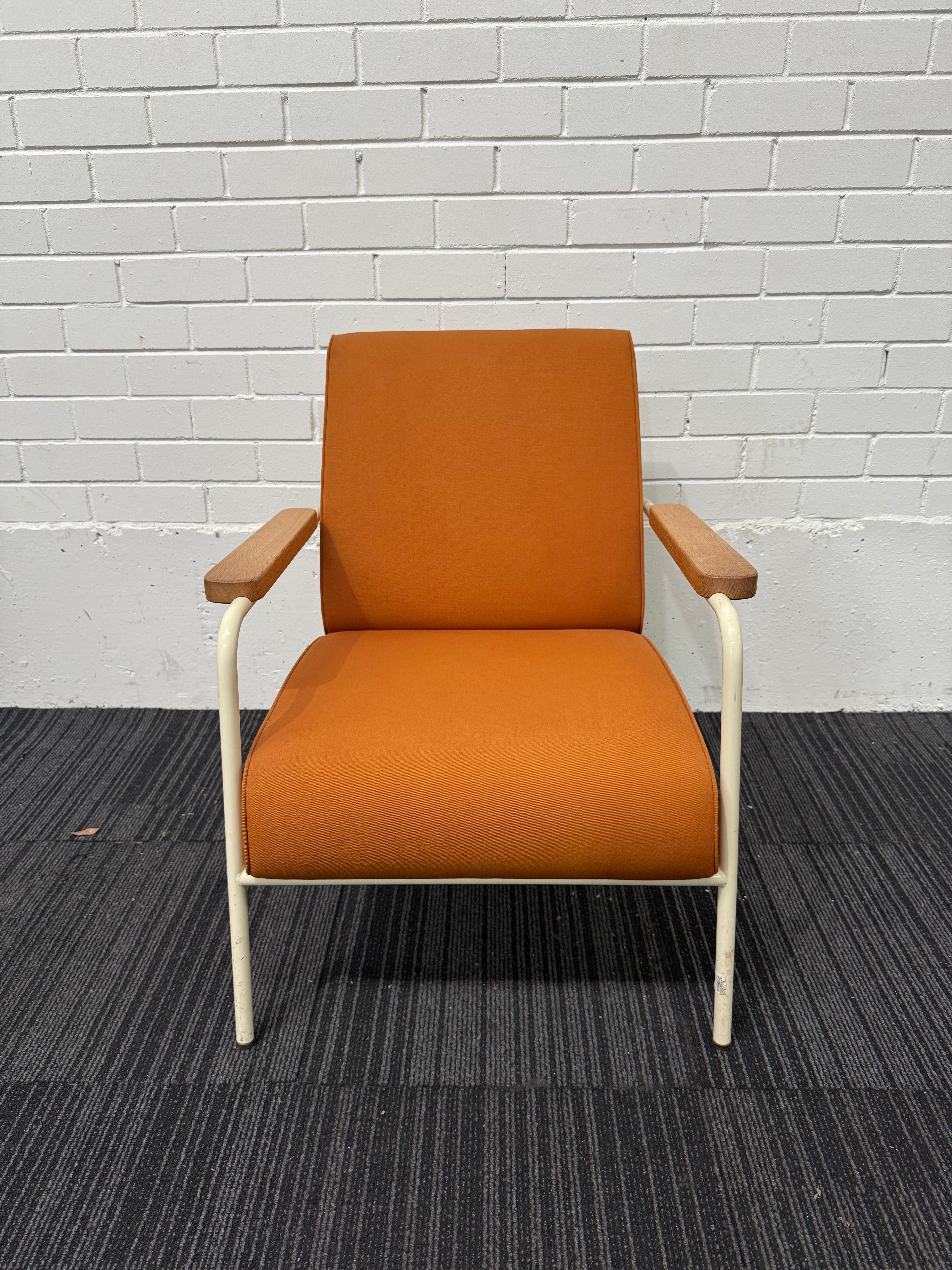 Vitra Fauteuil de Salon by Jean Prouvé Armchair – Ecru Frame, Twill Cognac Upholstery, Natural Oak Armrests