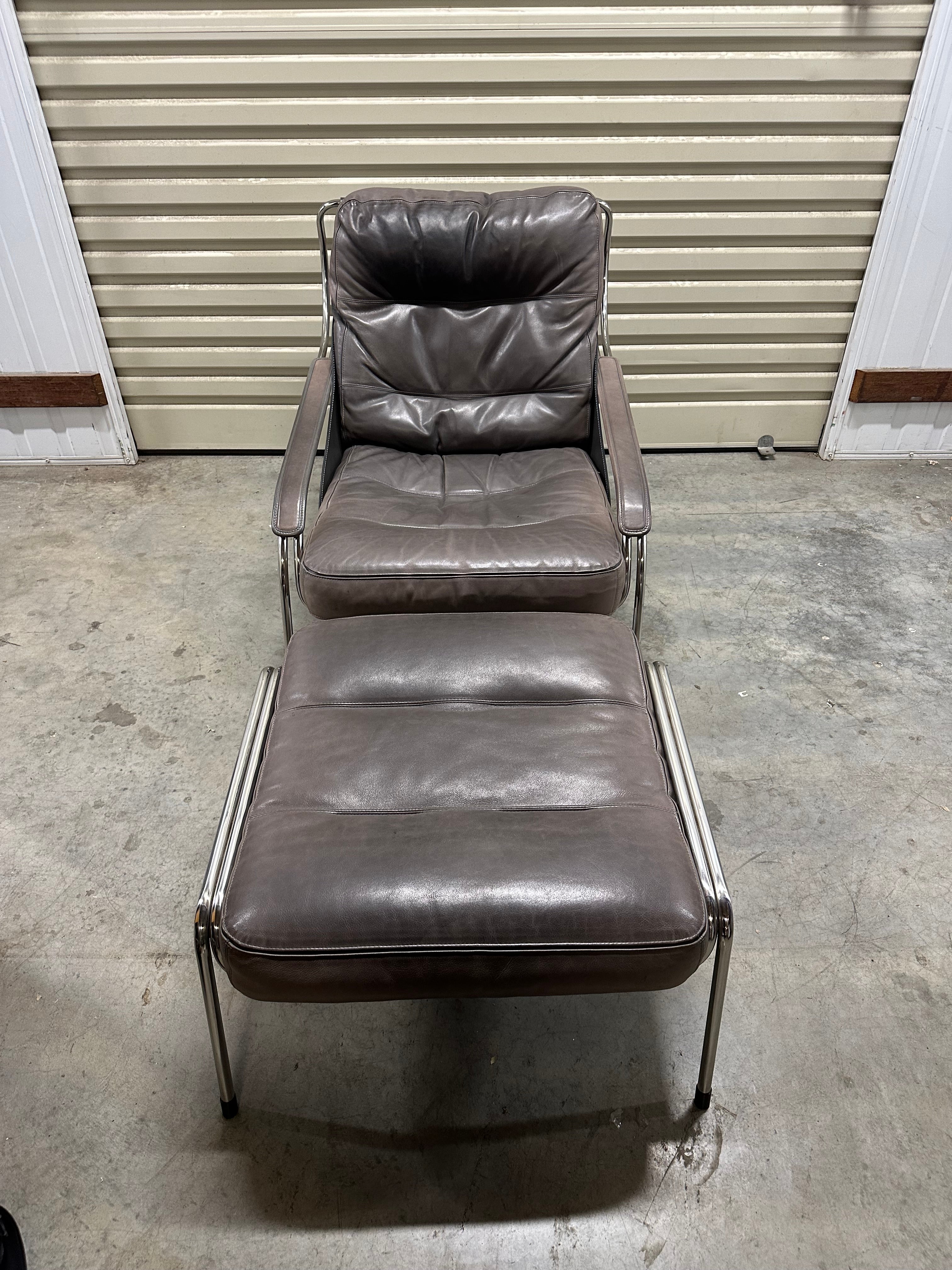 Marco Zanuso for Zanotta Brown Leather Maggiolina Lounge Chair & Footstool