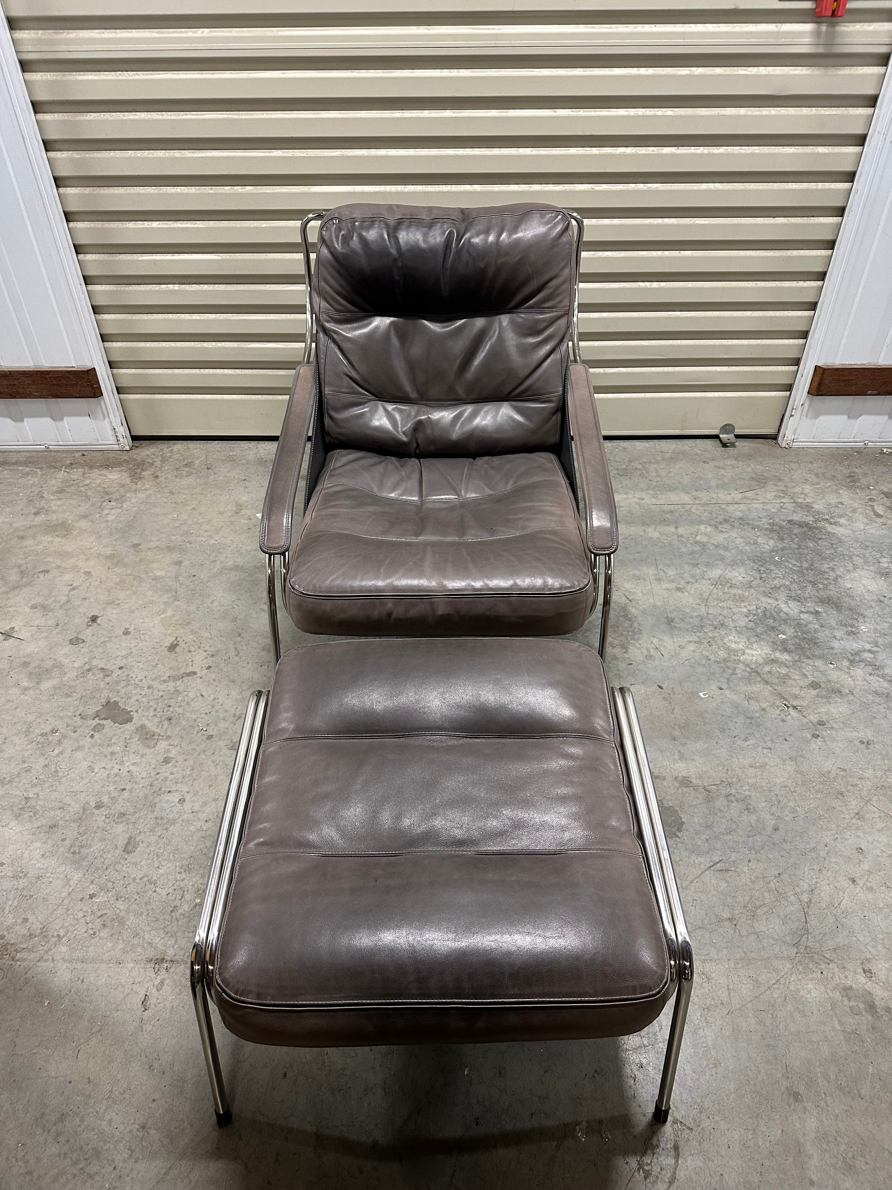 Marco Zanuso for Zanotta Brown Leather Maggiolina Lounge Chair & Footstool