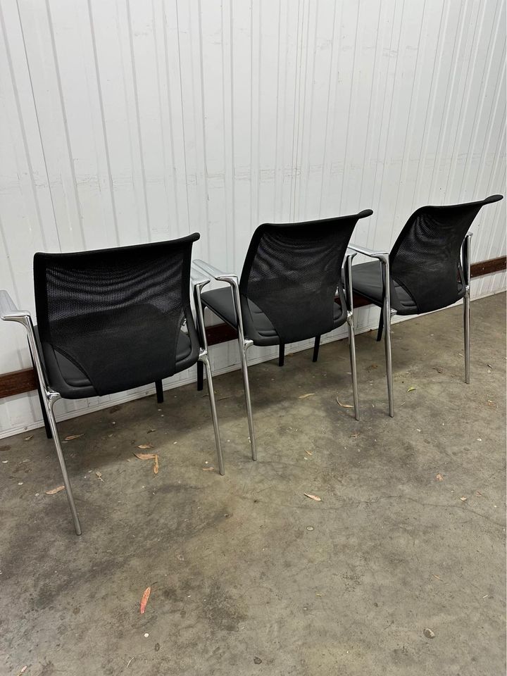 Vitra MedaSlim Stackable Reception Leather Chair with Chrome Armrests- set of 3
