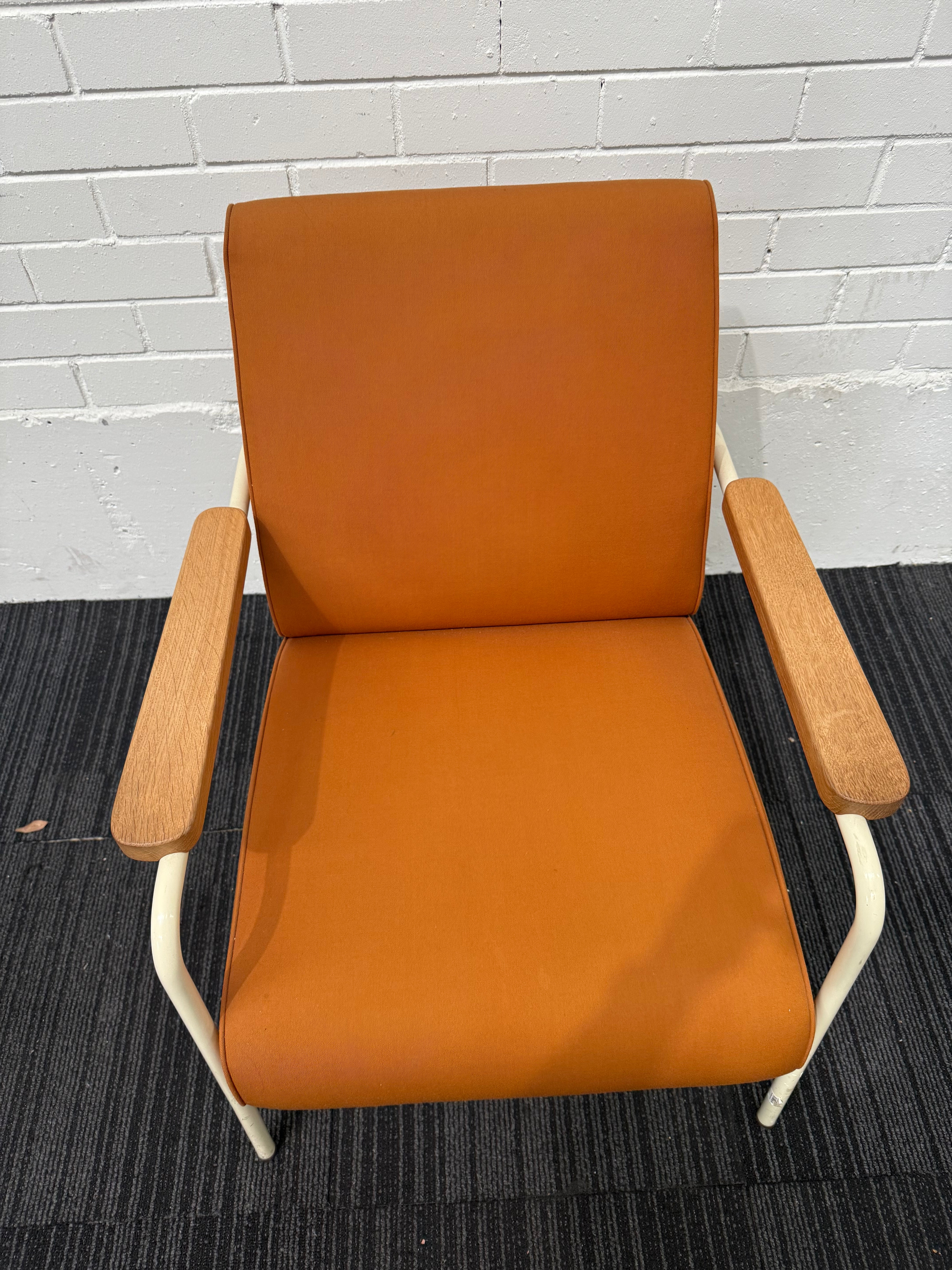 Vitra Fauteuil de Salon by Jean Prouvé Armchair – Ecru Frame, Twill Cognac Upholstery, Natural Oak Armrests