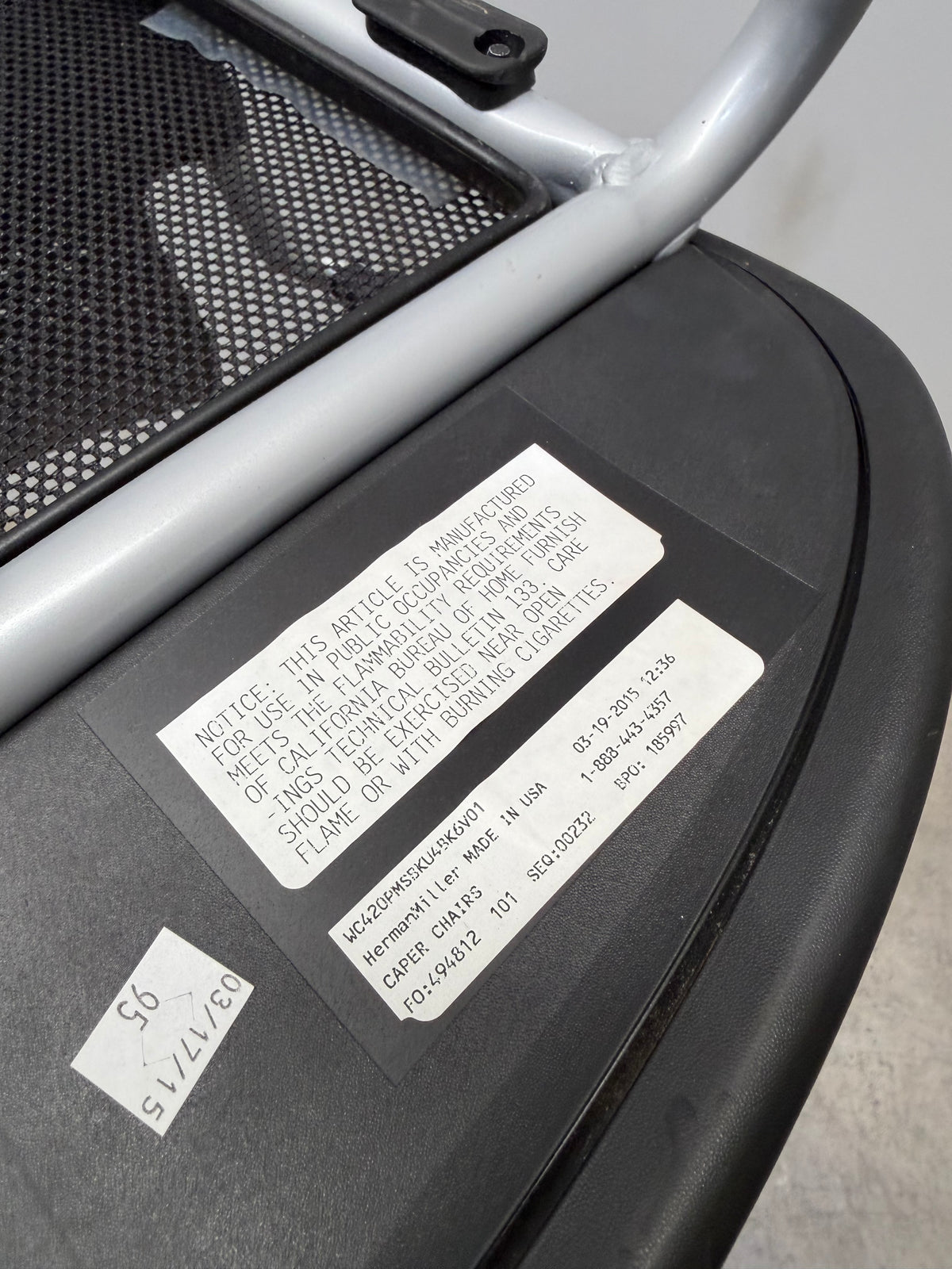 Herman Miller Caper Stacking Chair – Black Flexnet Seat, Fixed Arms, Castors – view 7 – pre-owned