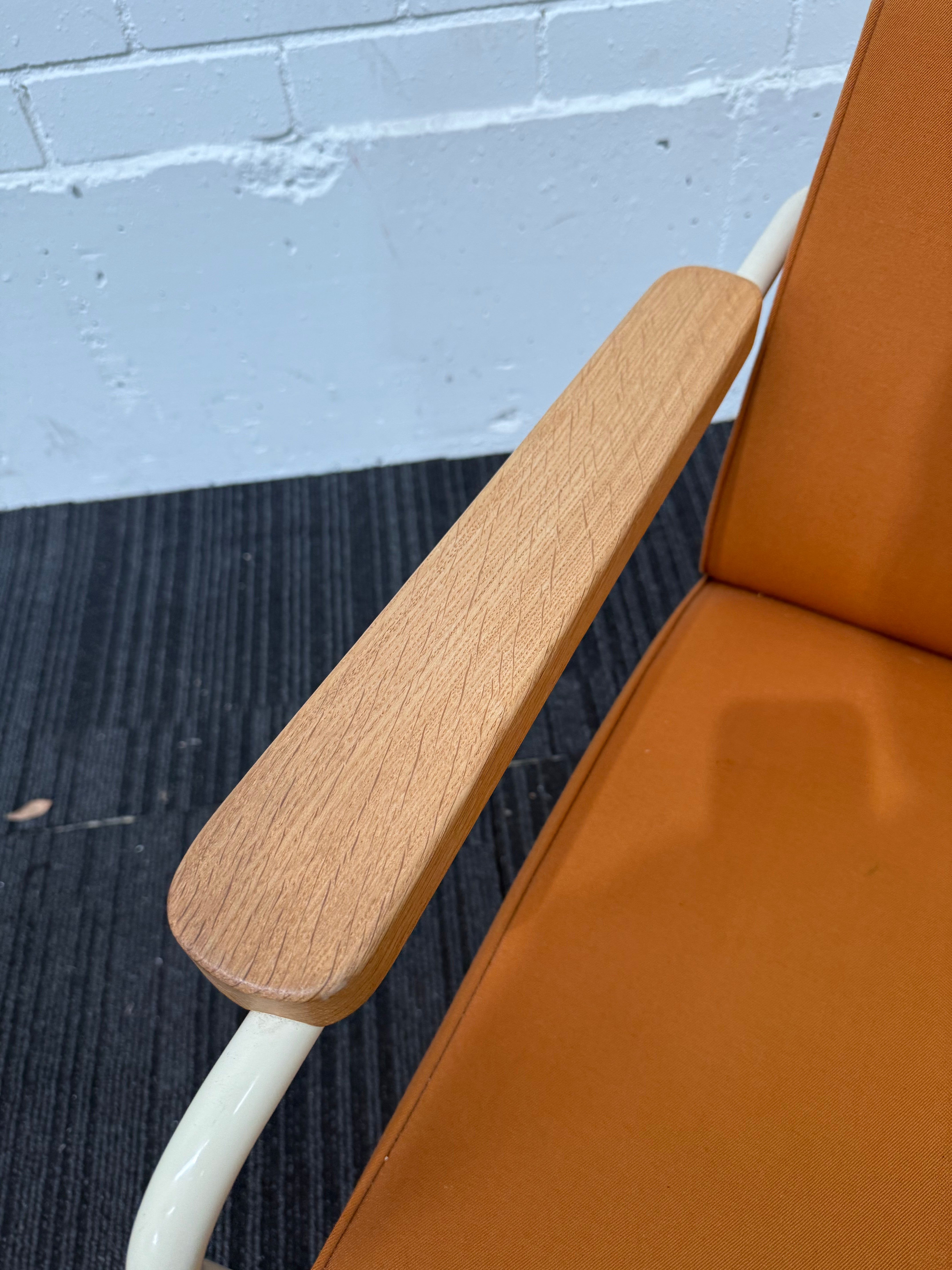 Vitra Fauteuil de Salon by Jean Prouvé Armchair – Ecru Frame, Twill Cognac Upholstery, Natural Oak Armrests