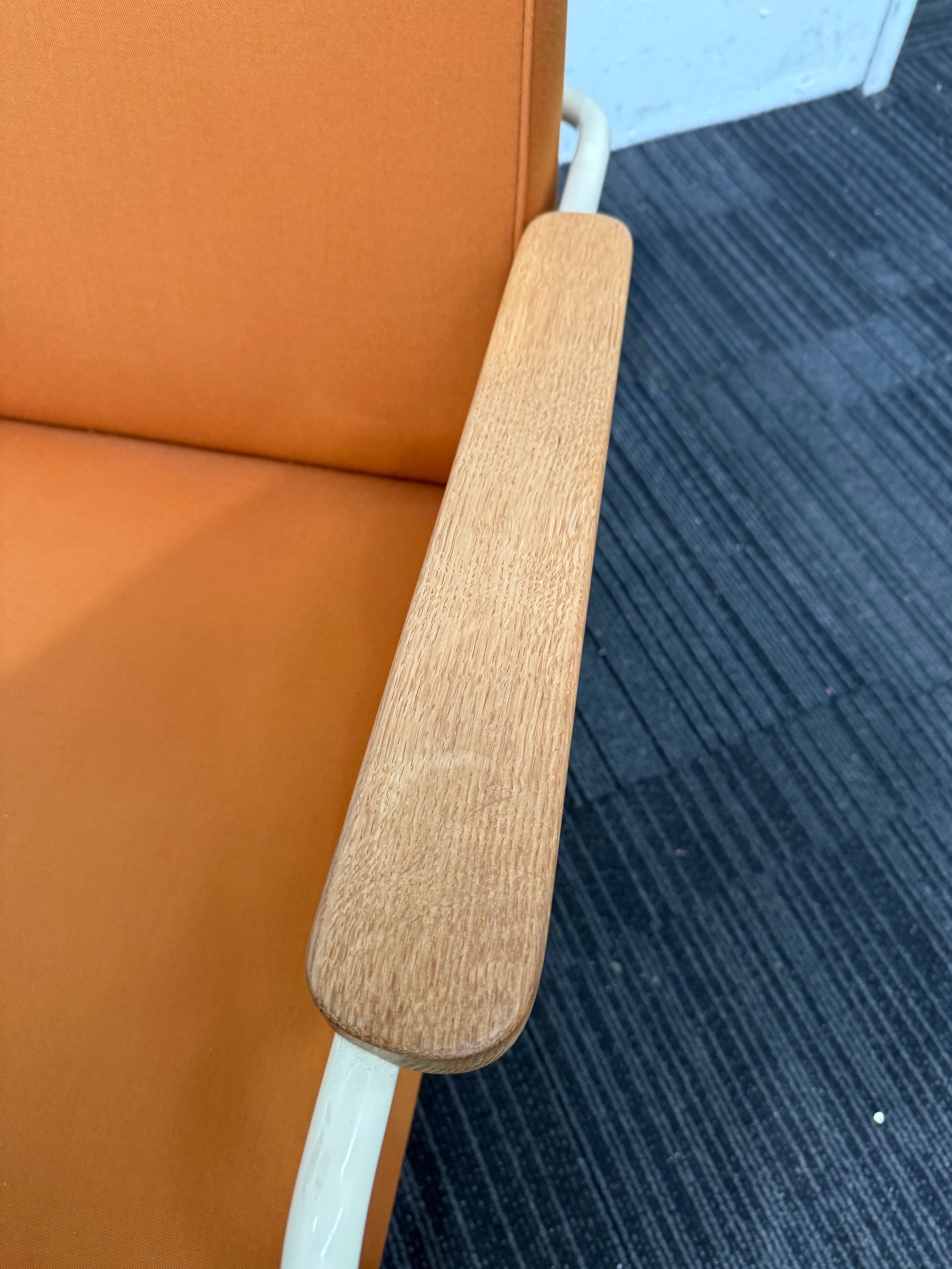 Vitra Fauteuil de Salon by Jean Prouvé Armchair – Ecru Frame, Twill Cognac Upholstery, Natural Oak Armrests