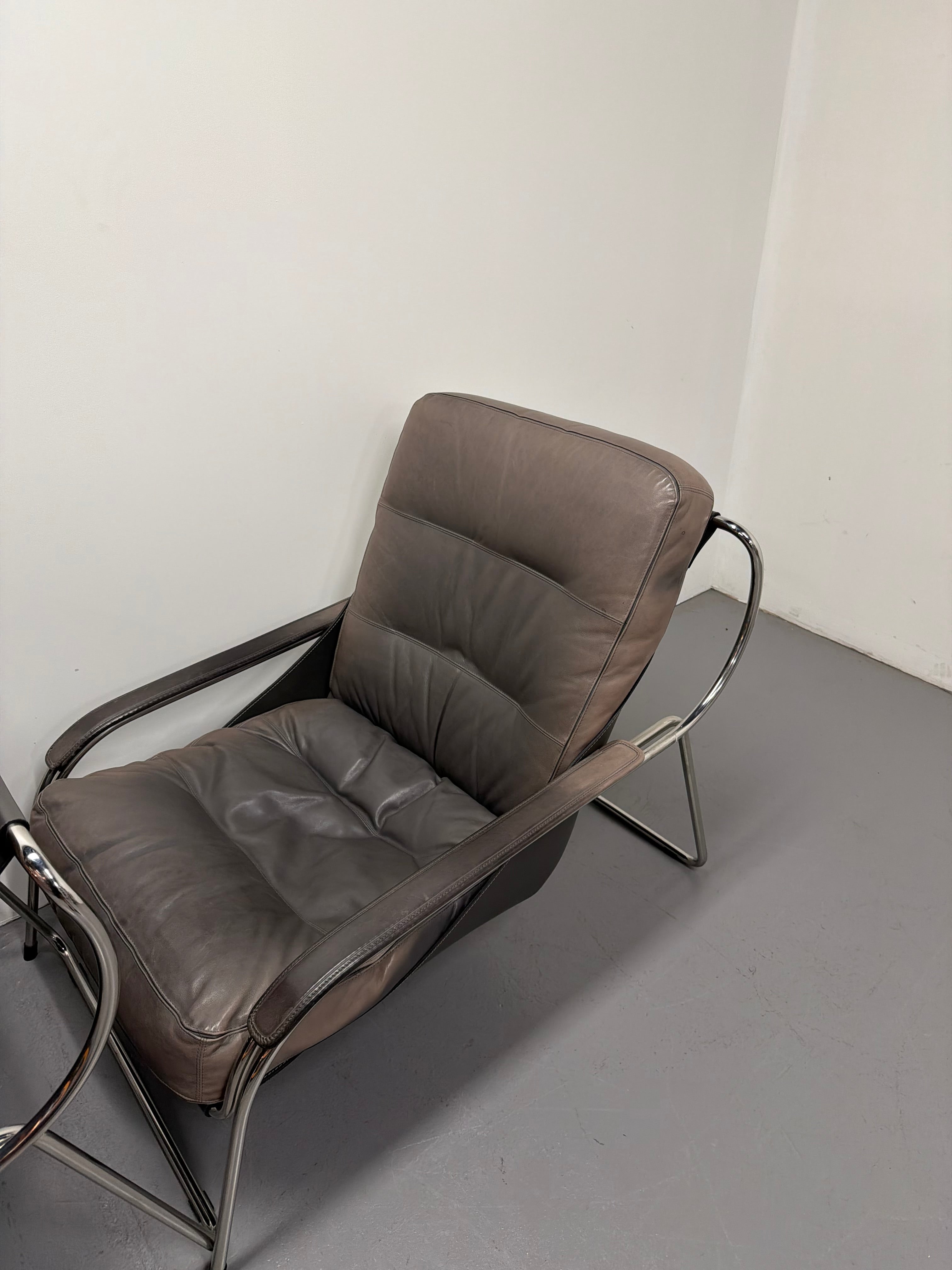 Marco Zanuso for Zanotta Brown Leather Maggiolina Lounge Chair & Footstool