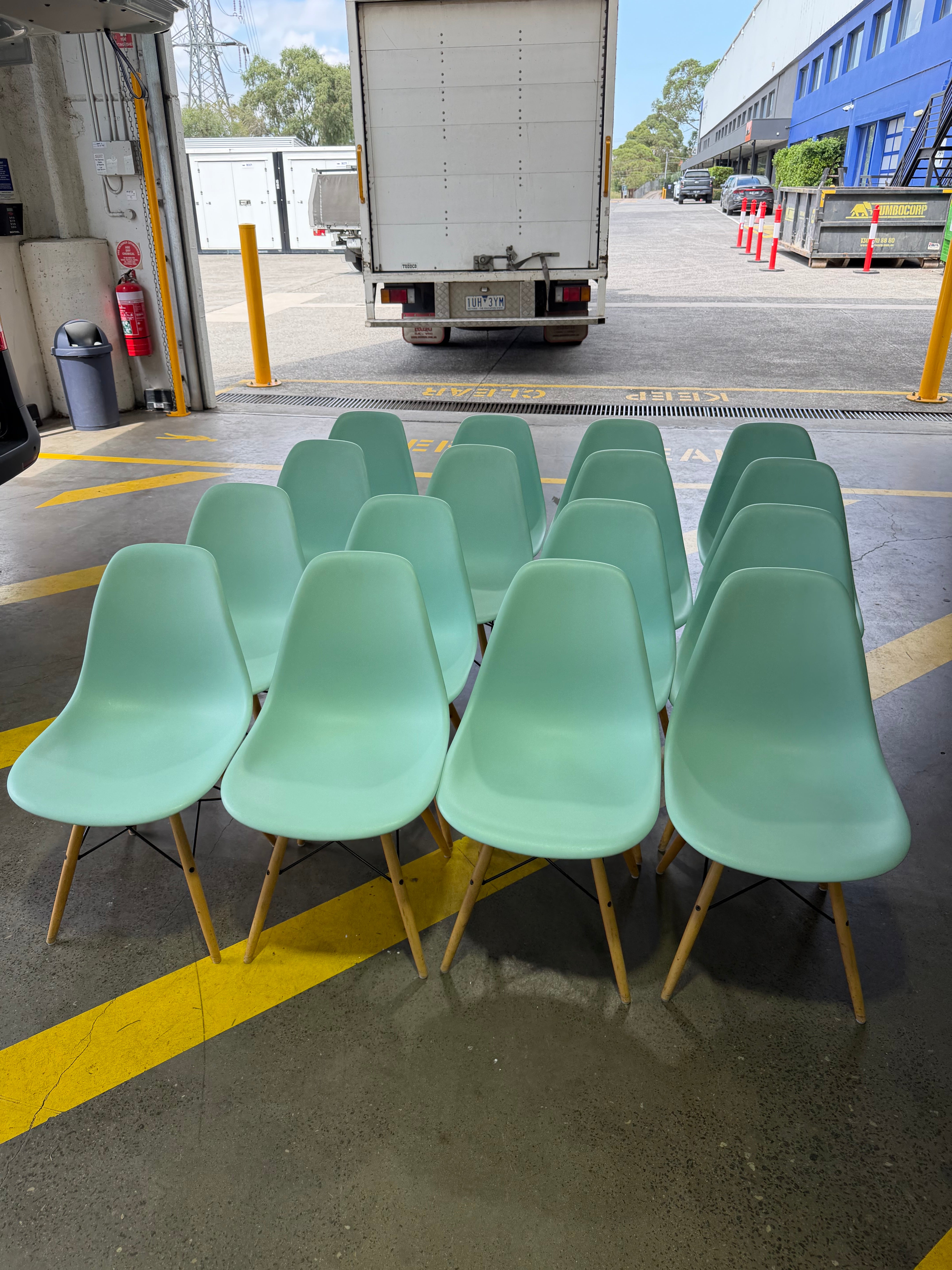 Eames Molded Plastic Side Chair by Herman Miller – Light Blue / Wood Dowel Base