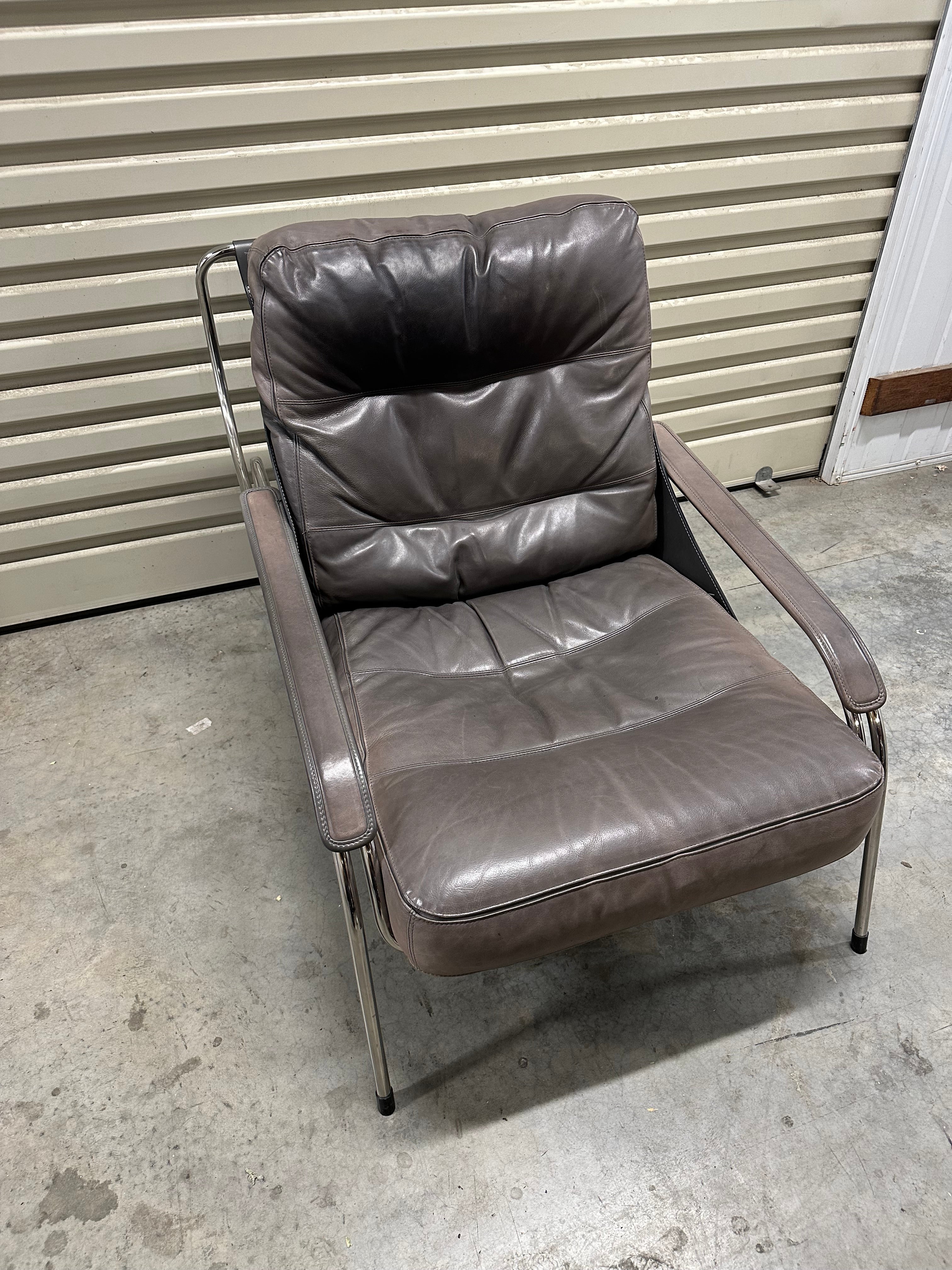 Marco Zanuso for Zanotta Brown Leather Maggiolina Lounge Chair & Footstool