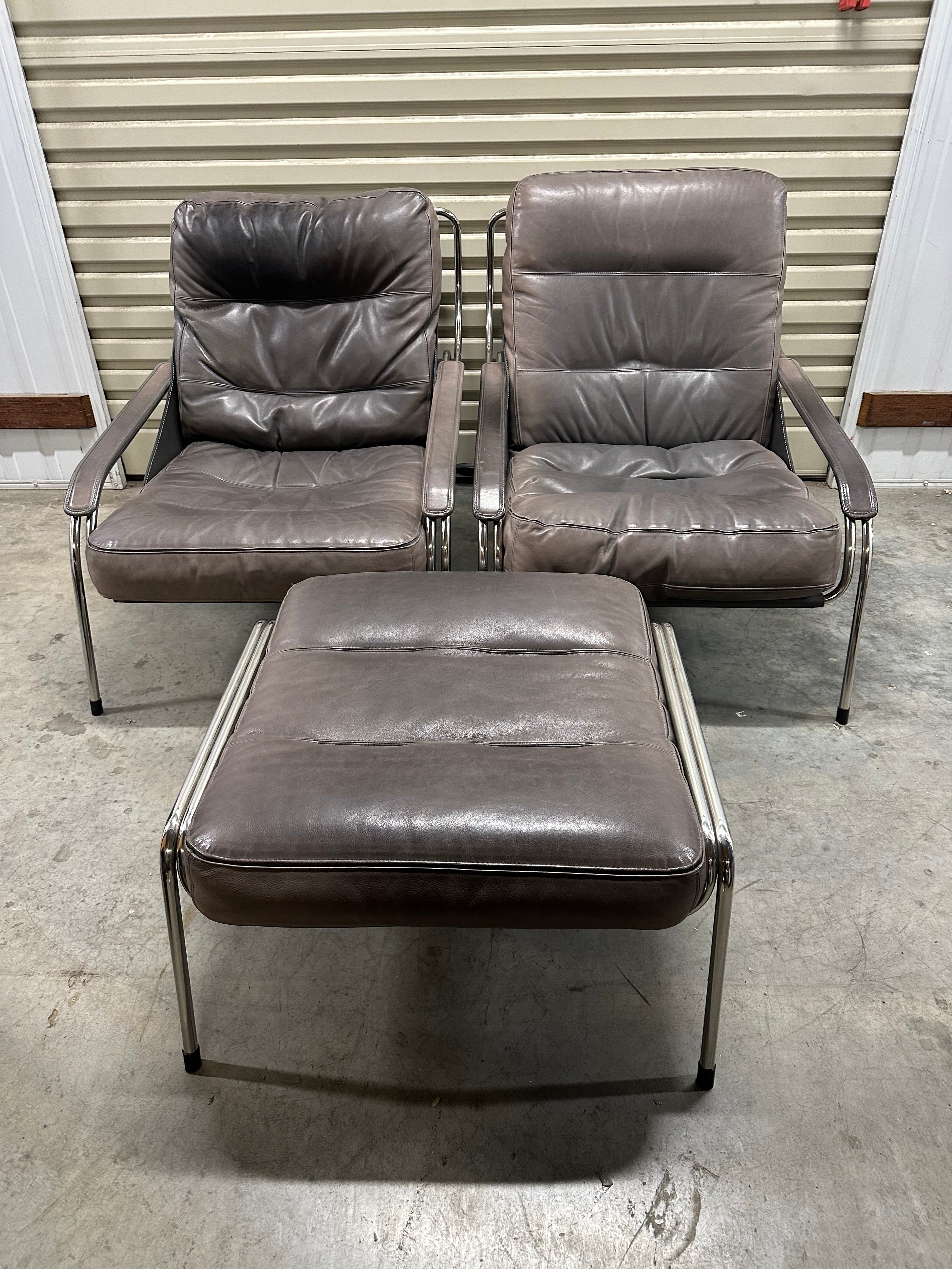 Marco Zanuso for Zanotta Brown Leather Maggiolina Lounge Chair & Footstool