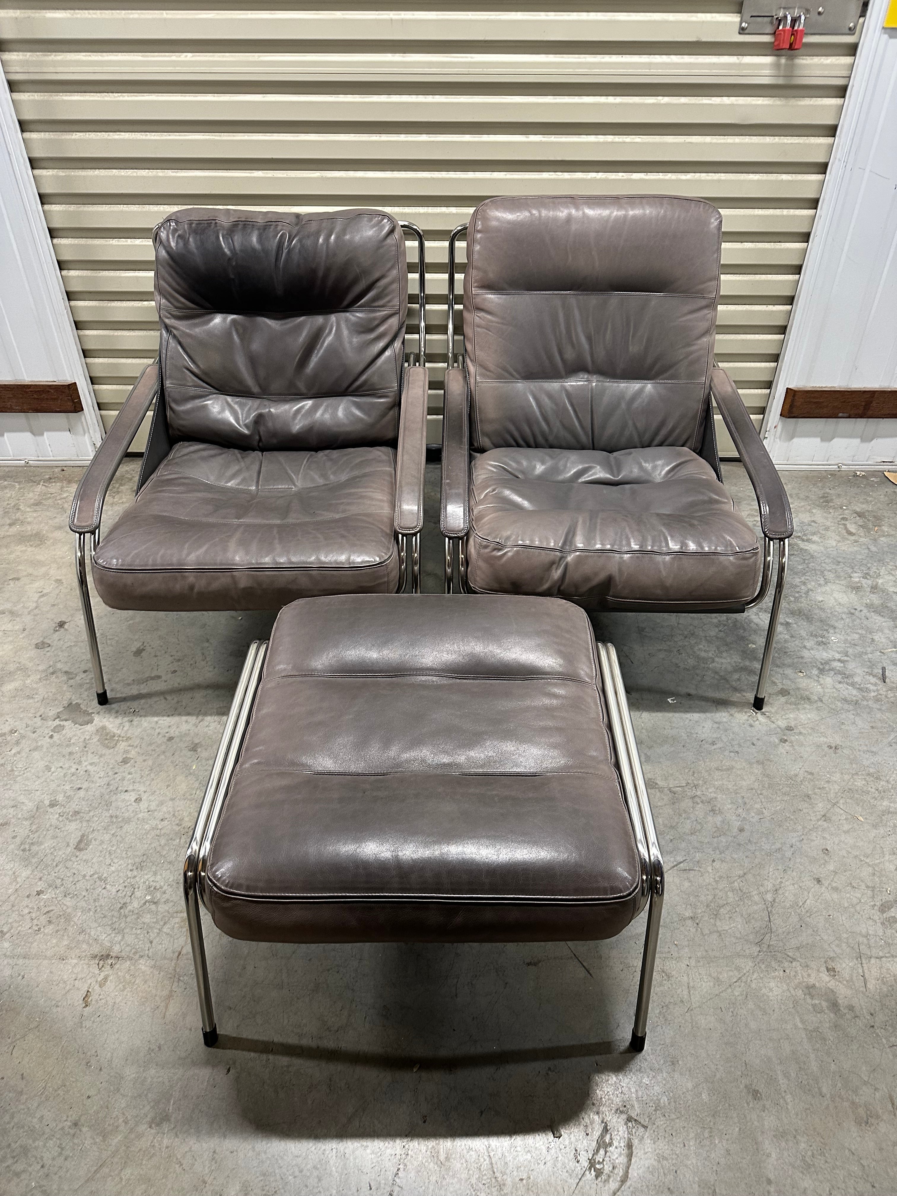 Marco Zanuso for Zanotta Brown Leather Maggiolina Lounge Chair & Footstool