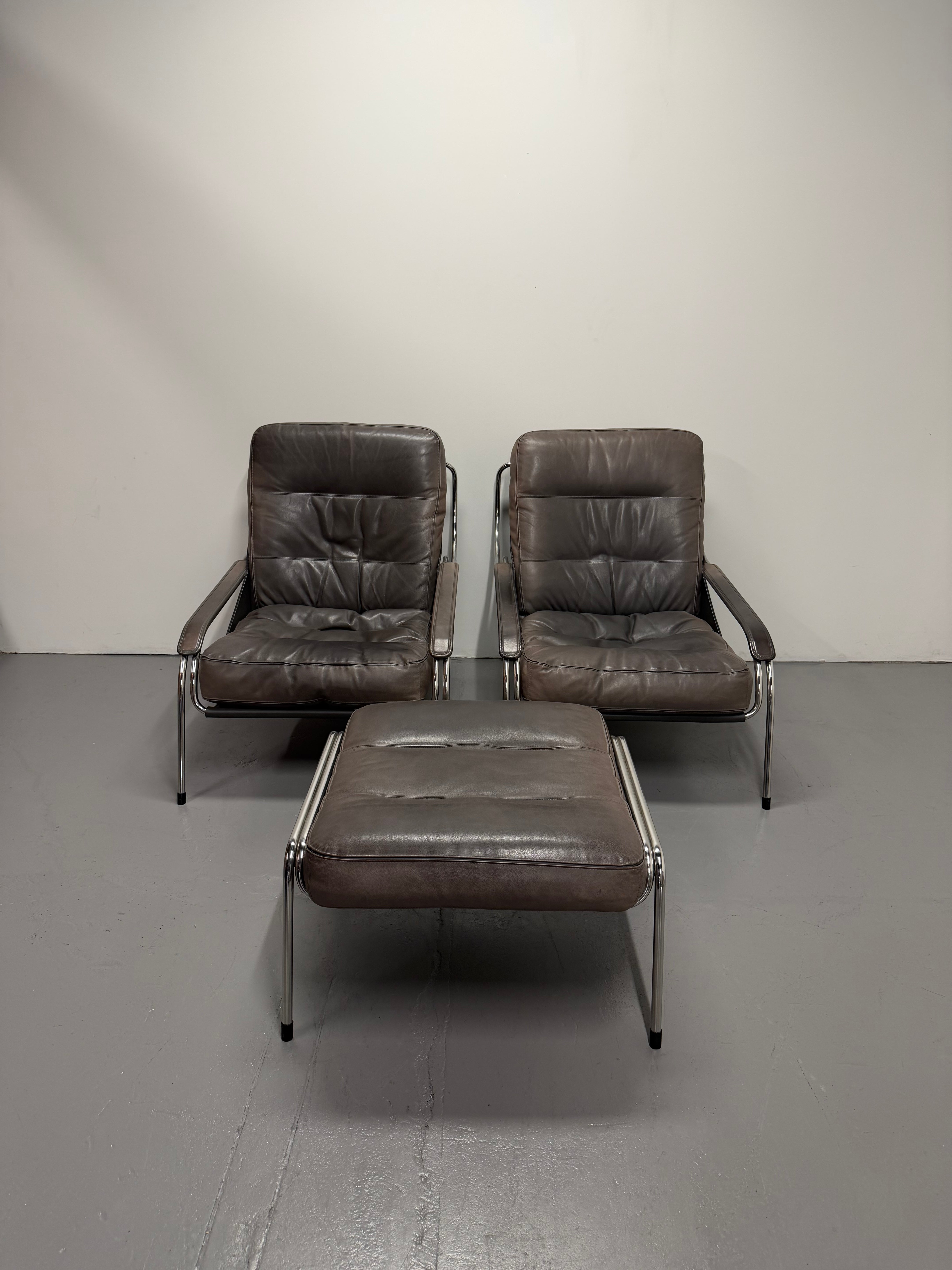 Marco Zanuso for Zanotta Brown Leather Maggiolina Lounge Chair & Footstool