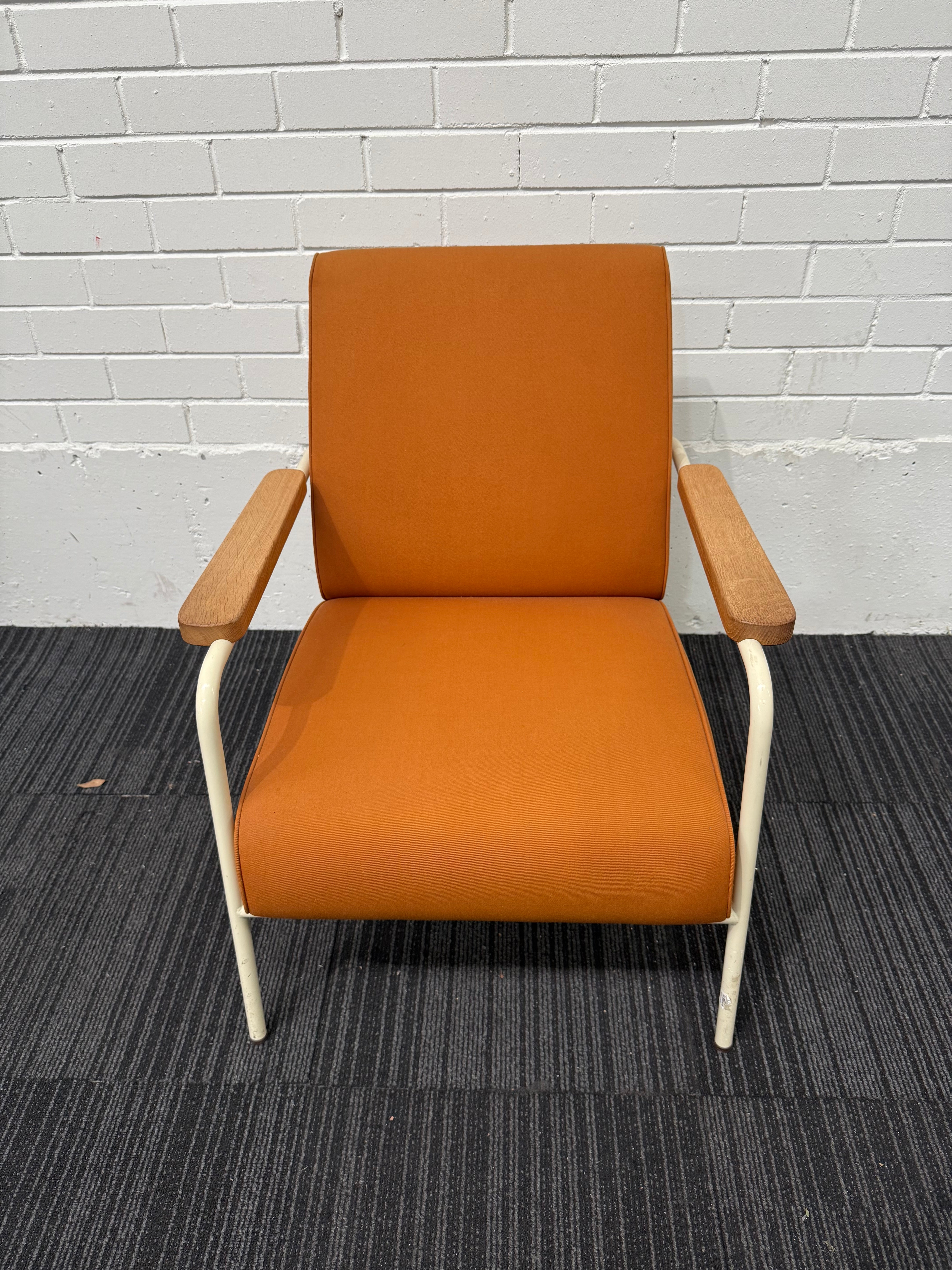 Vitra Fauteuil de Salon by Jean Prouvé Armchair – Ecru Frame, Twill Cognac Upholstery, Natural Oak Armrests