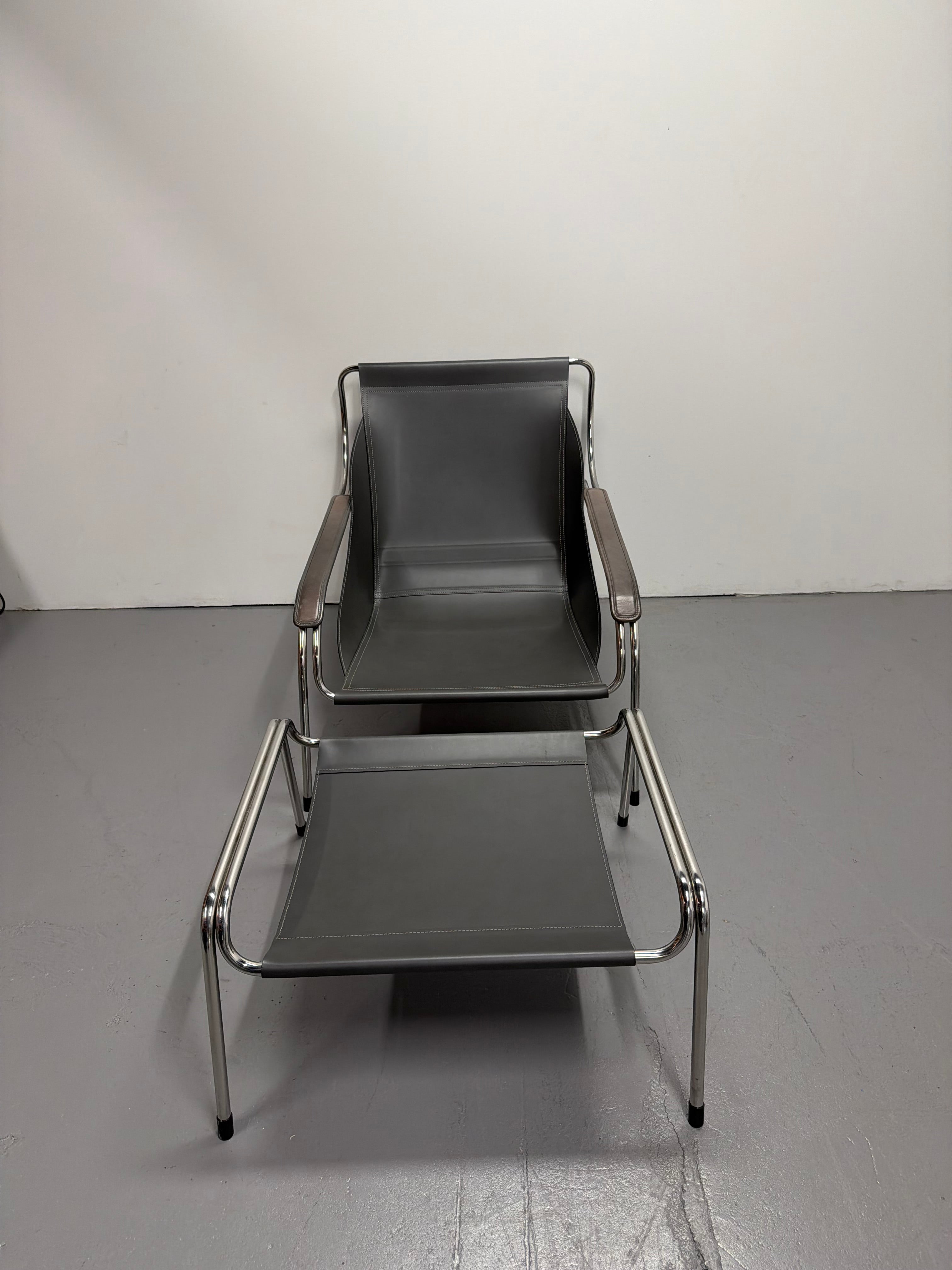 Marco Zanuso for Zanotta Brown Leather Maggiolina Lounge Chair & Footstool