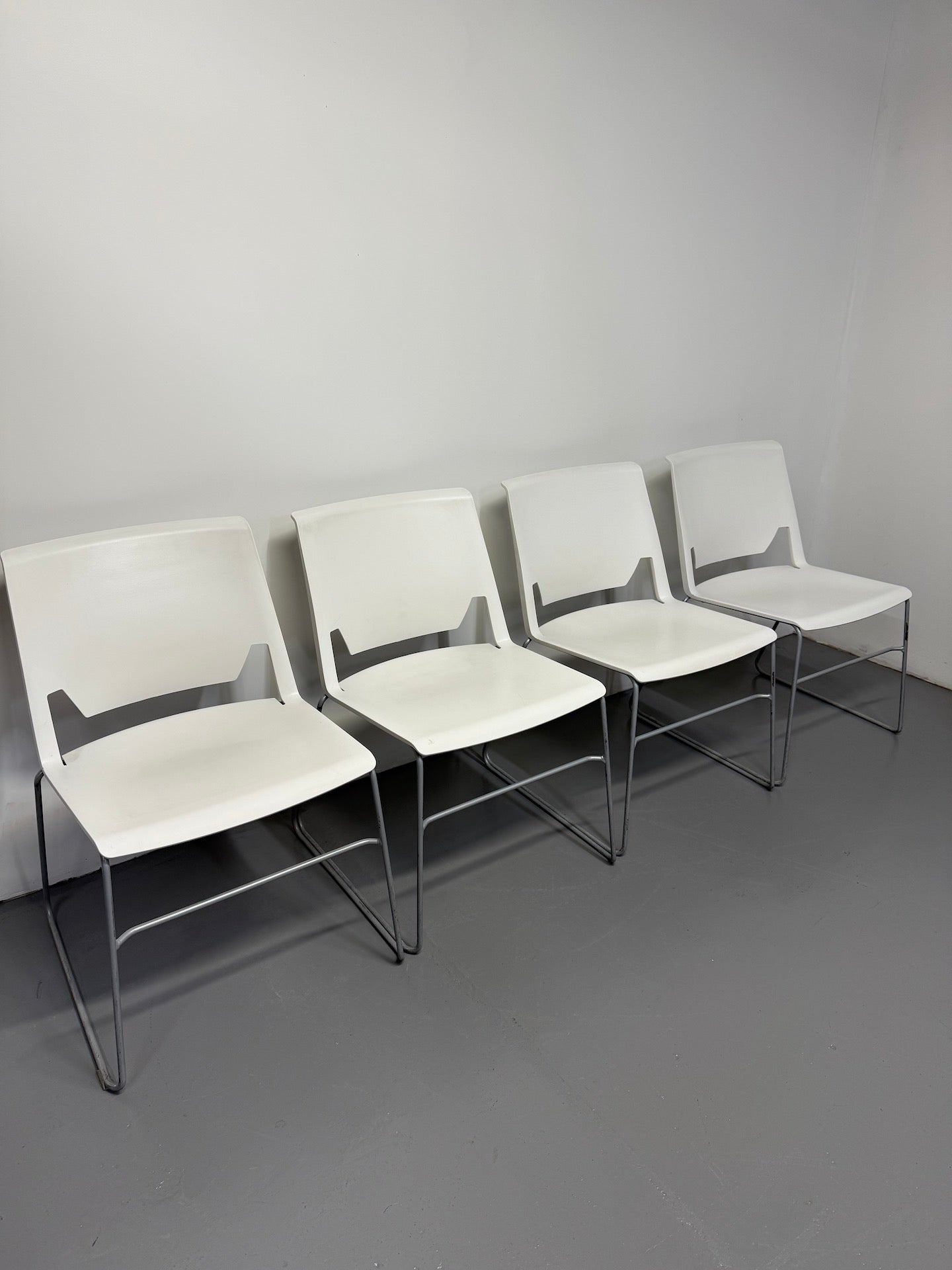 Haworth Very Sled Chair – White Seat with Metallic Silver – Stackable