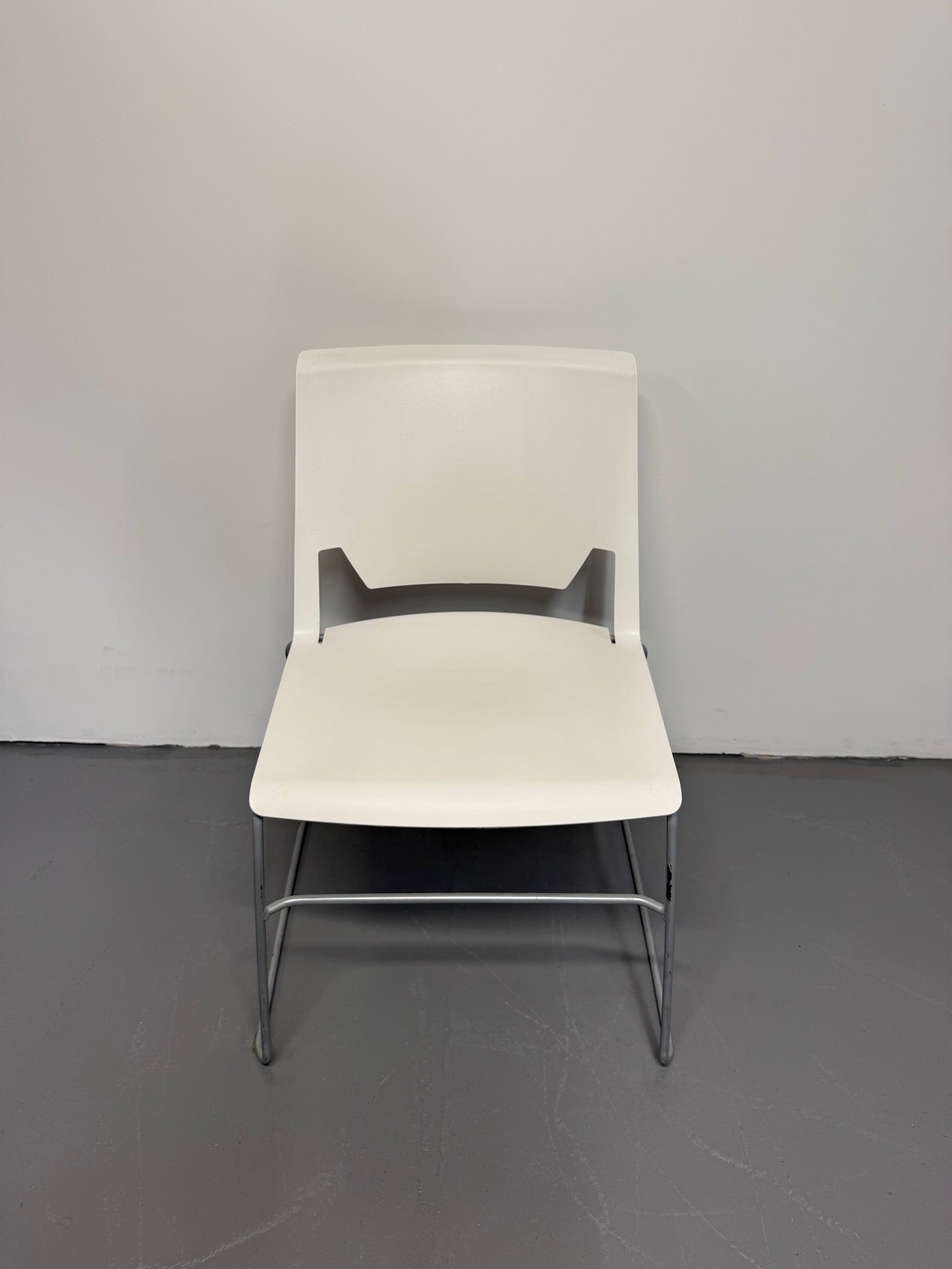 Haworth Very Sled Chair – White Seat with Metallic Silver – Stackable