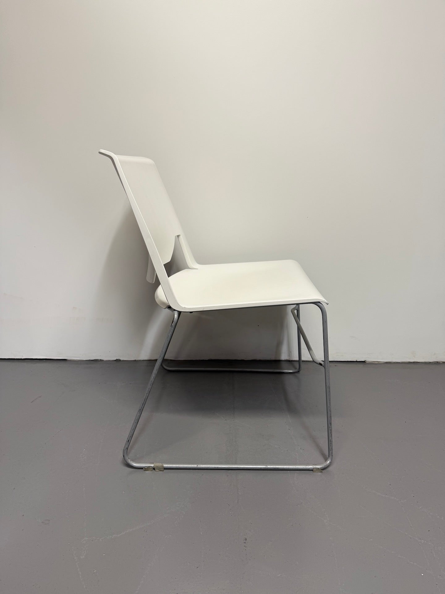 Haworth Very Sled Chair – White Seat with Metallic Silver – Stackable