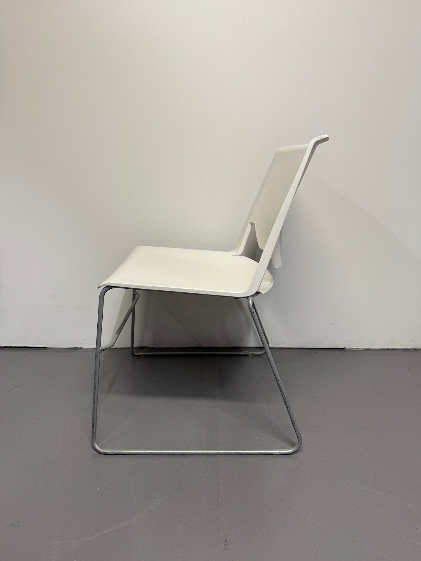 Haworth Very Sled Chair – White Seat with Metallic Silver – Stackable