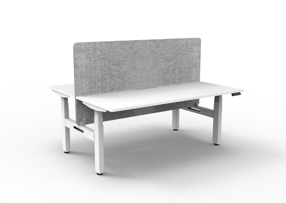 Back-to-back sit-stand workstation with marble grey Eco Panel screen, white