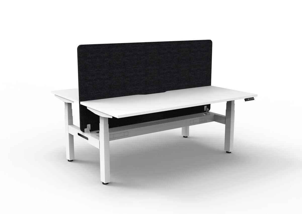 Back-to-back sit-stand workstation with cable tray and black Eco Panel screen, white