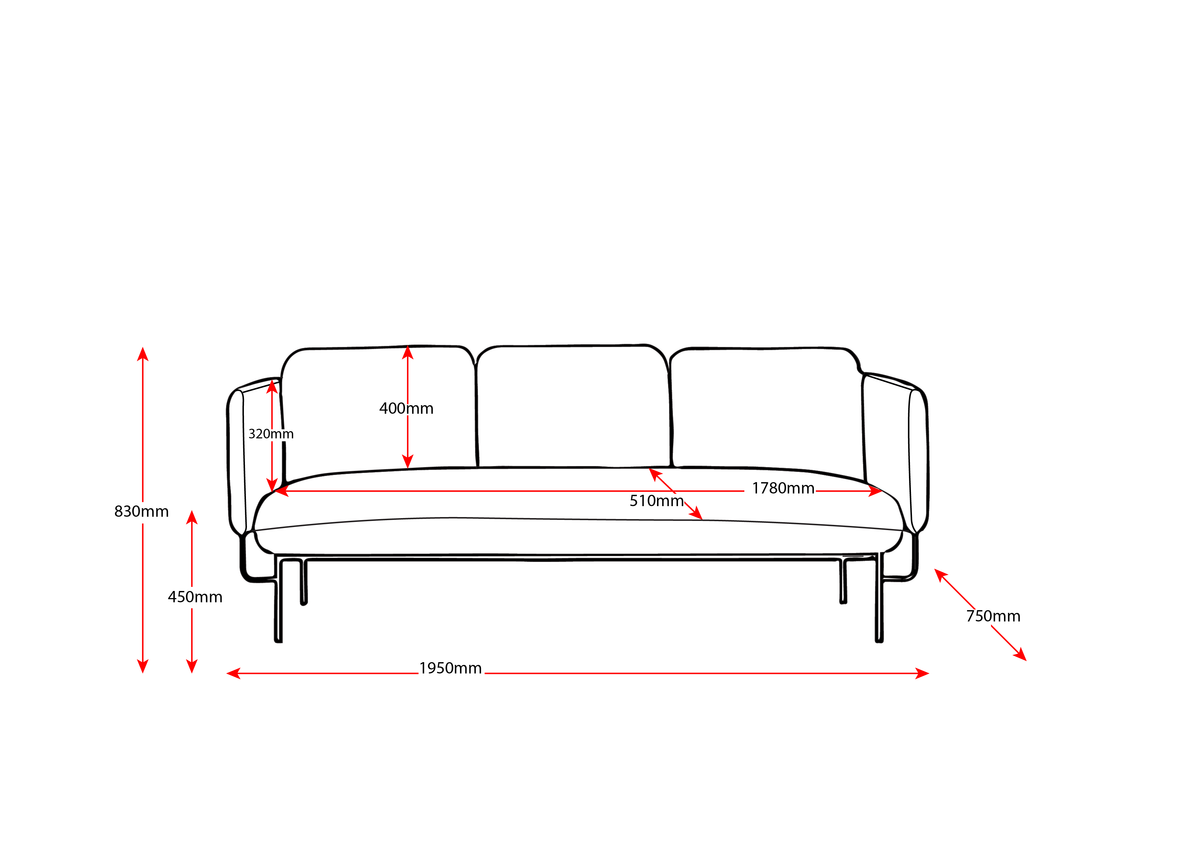 Three Seater Reception Lounge – Light Grey – dimension drawing – new