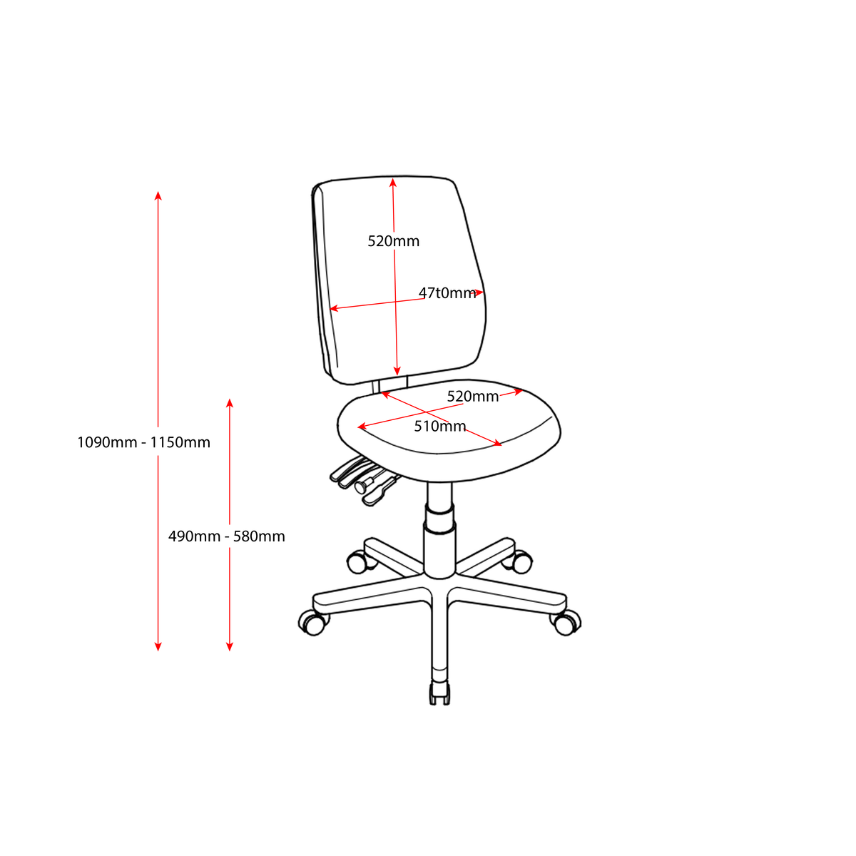 High Back Ergonomic Chair – Lumbar Pump – dimension drawing – new
