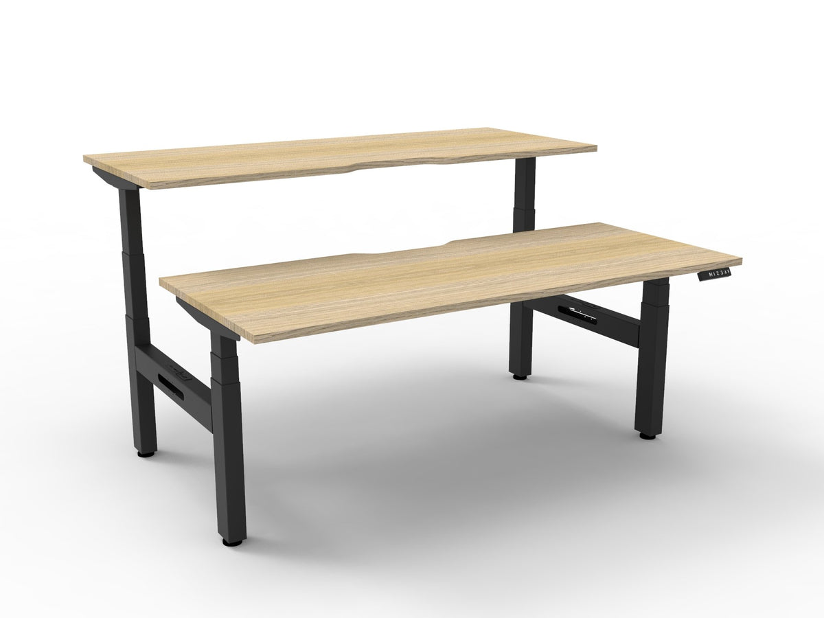 Back-to-back electric sit-stand workstation, natural oak top, black frame