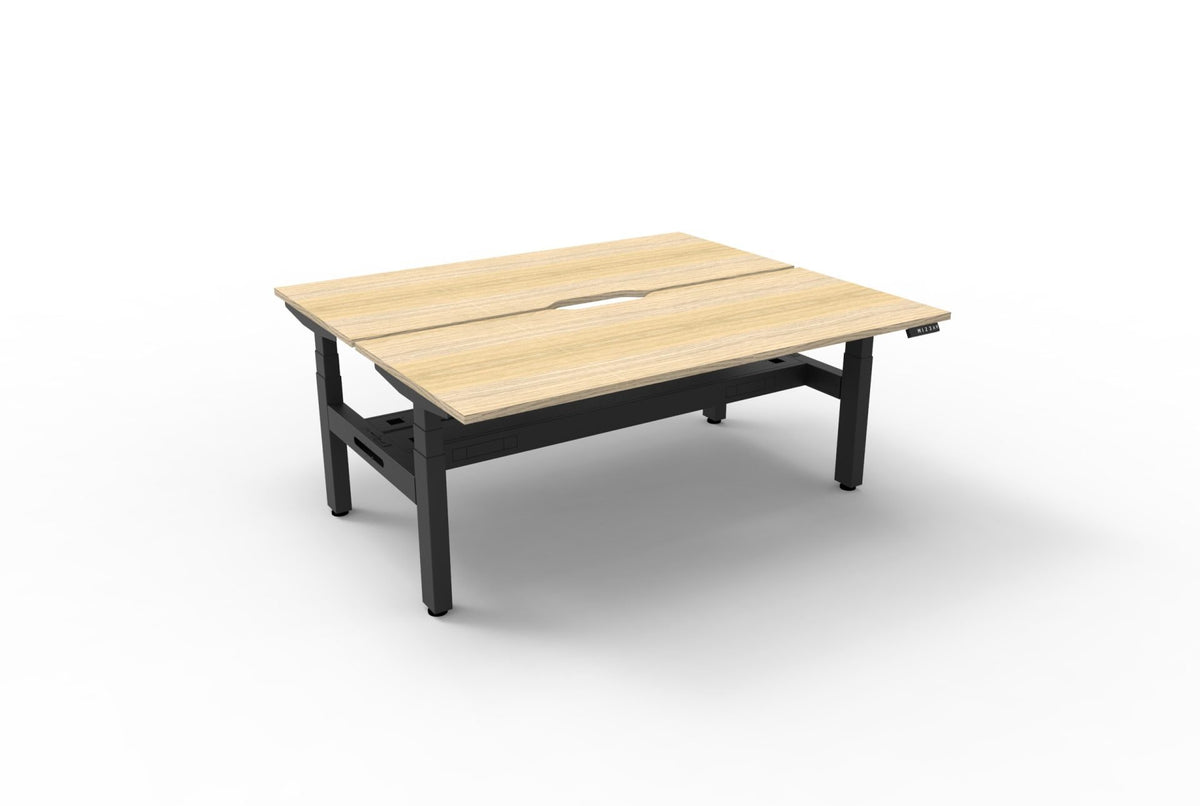 Back-to-back sit-stand workstation with cable tray, oak and black