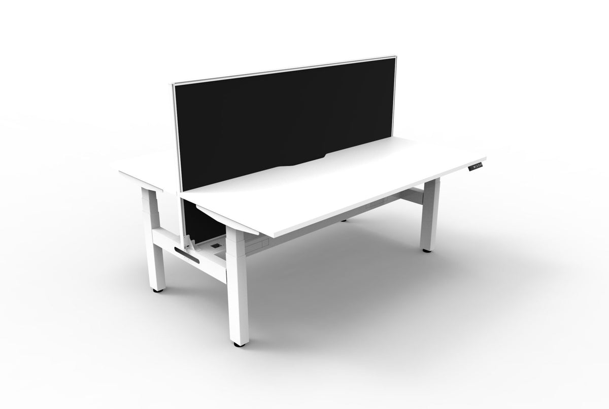 Back-to-back sit-stand workstation with cable tray and aluminium framed screen, white