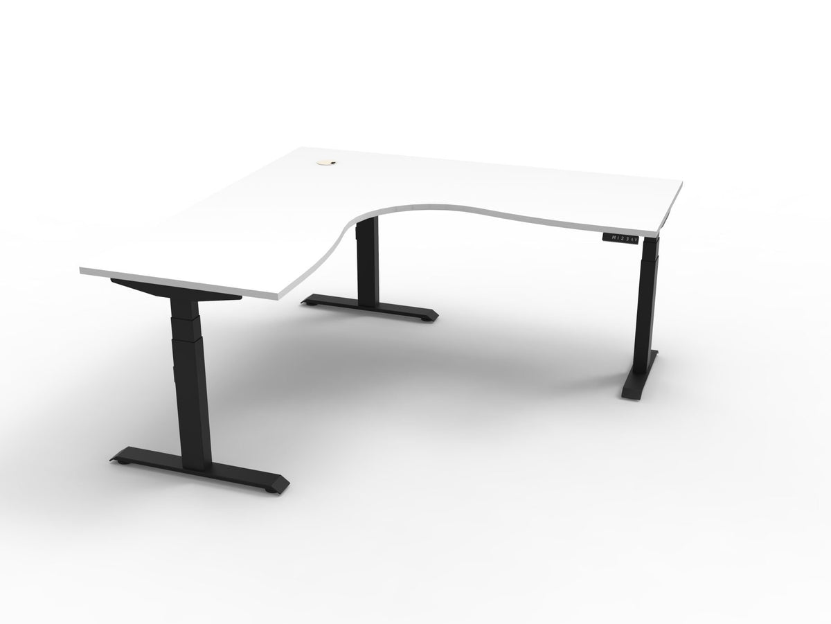 Electric sit-stand corner desk, white top, black frame