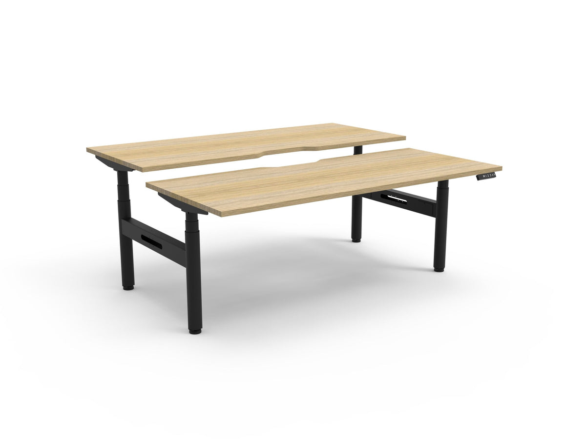 Back-to-back electric sit-stand desk, oak top, black frame