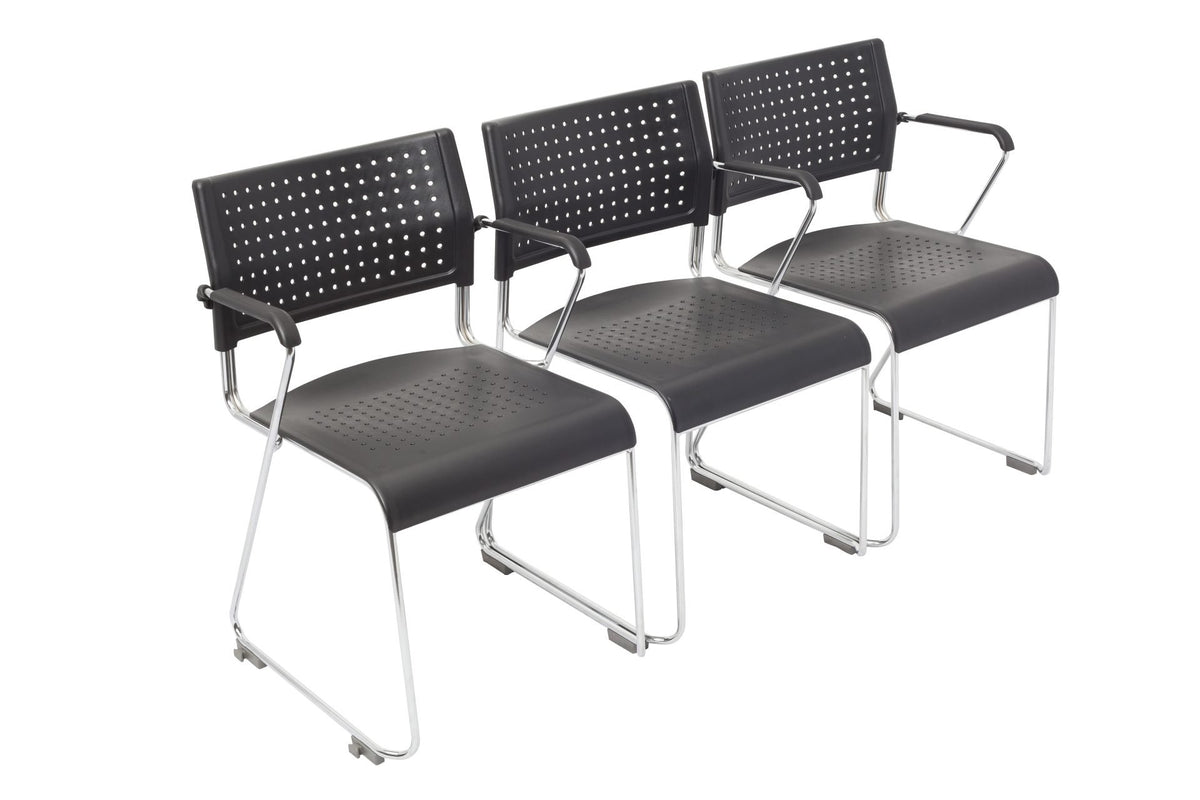 Stackable Visitor Chair with Arms – Perforated Black Shell, Chrome Sled – view 3 – new