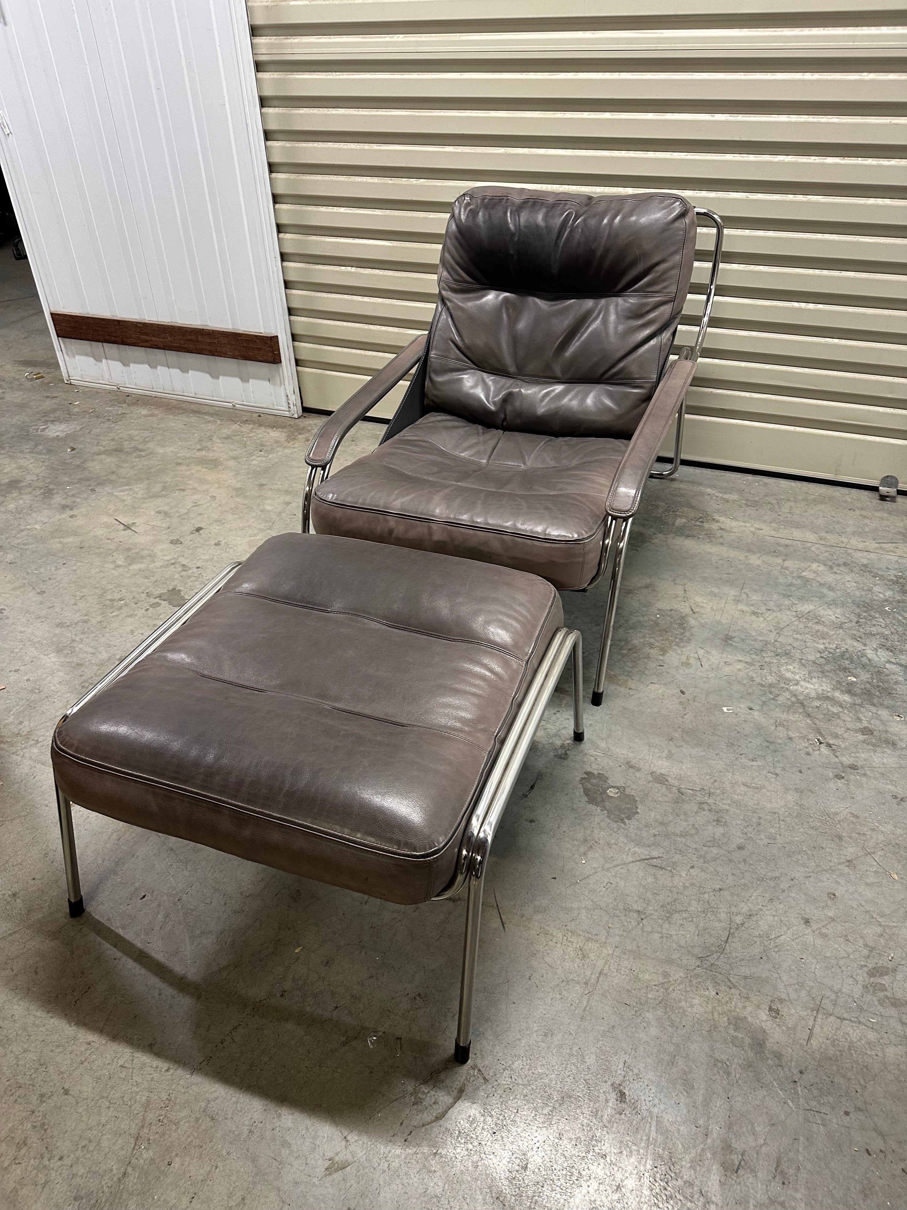 Marco Zanuso for Zanotta Brown Leather Maggiolina Lounge Chair & Footstool