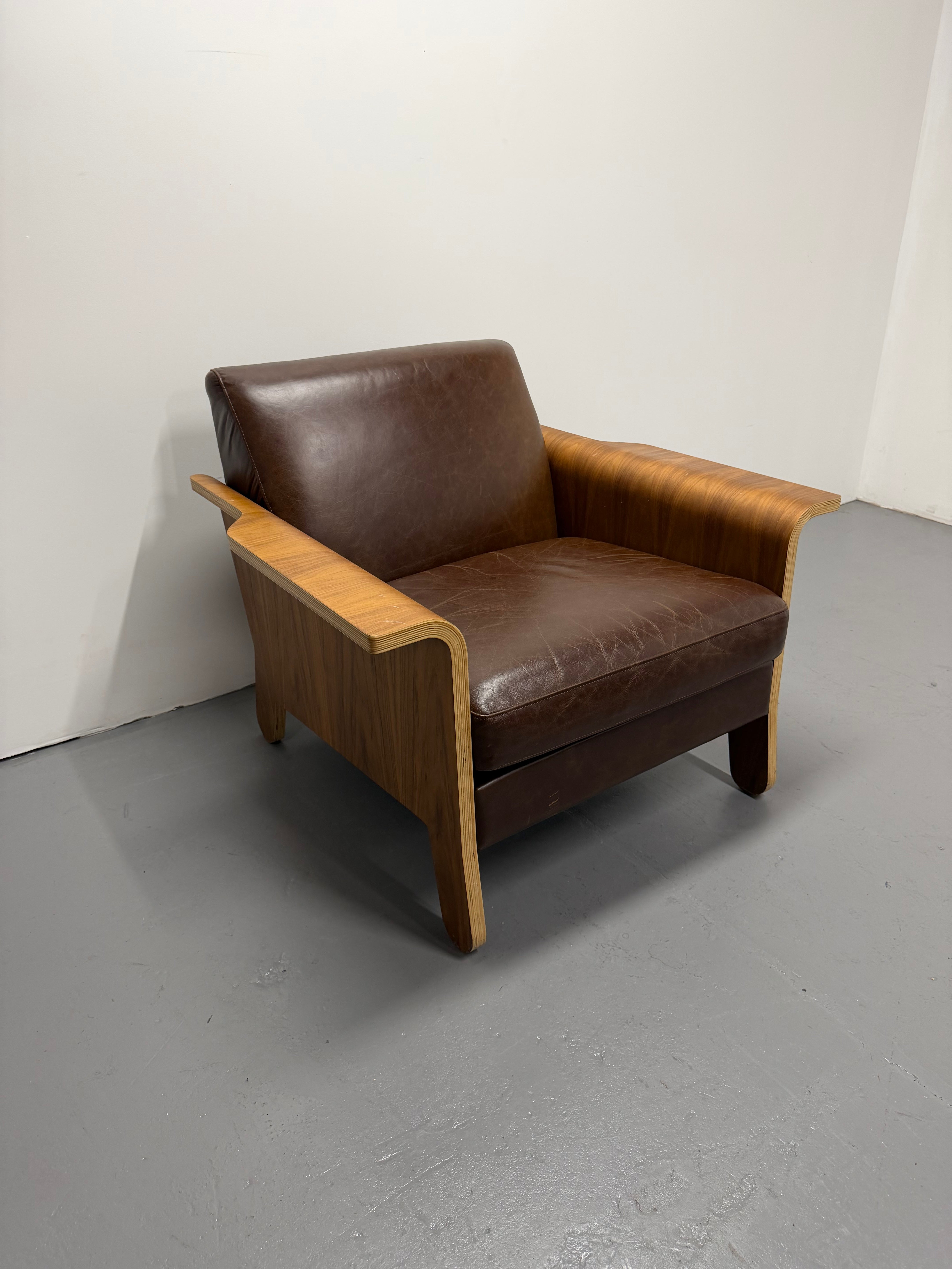 Gus Lodge Chair – Brown Leather & Walnut