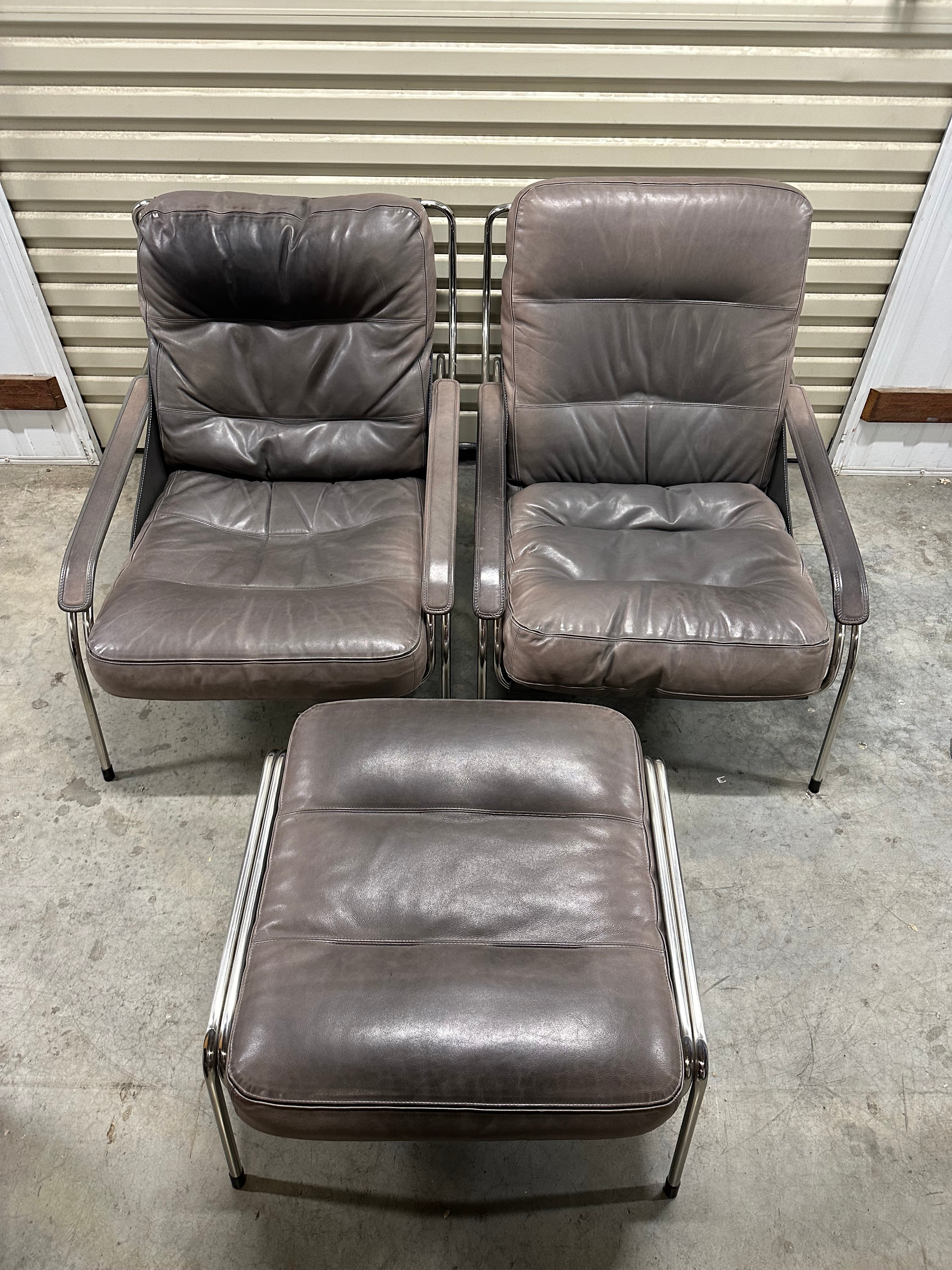 Marco Zanuso for Zanotta Brown Leather Maggiolina Lounge Chair & Footstool