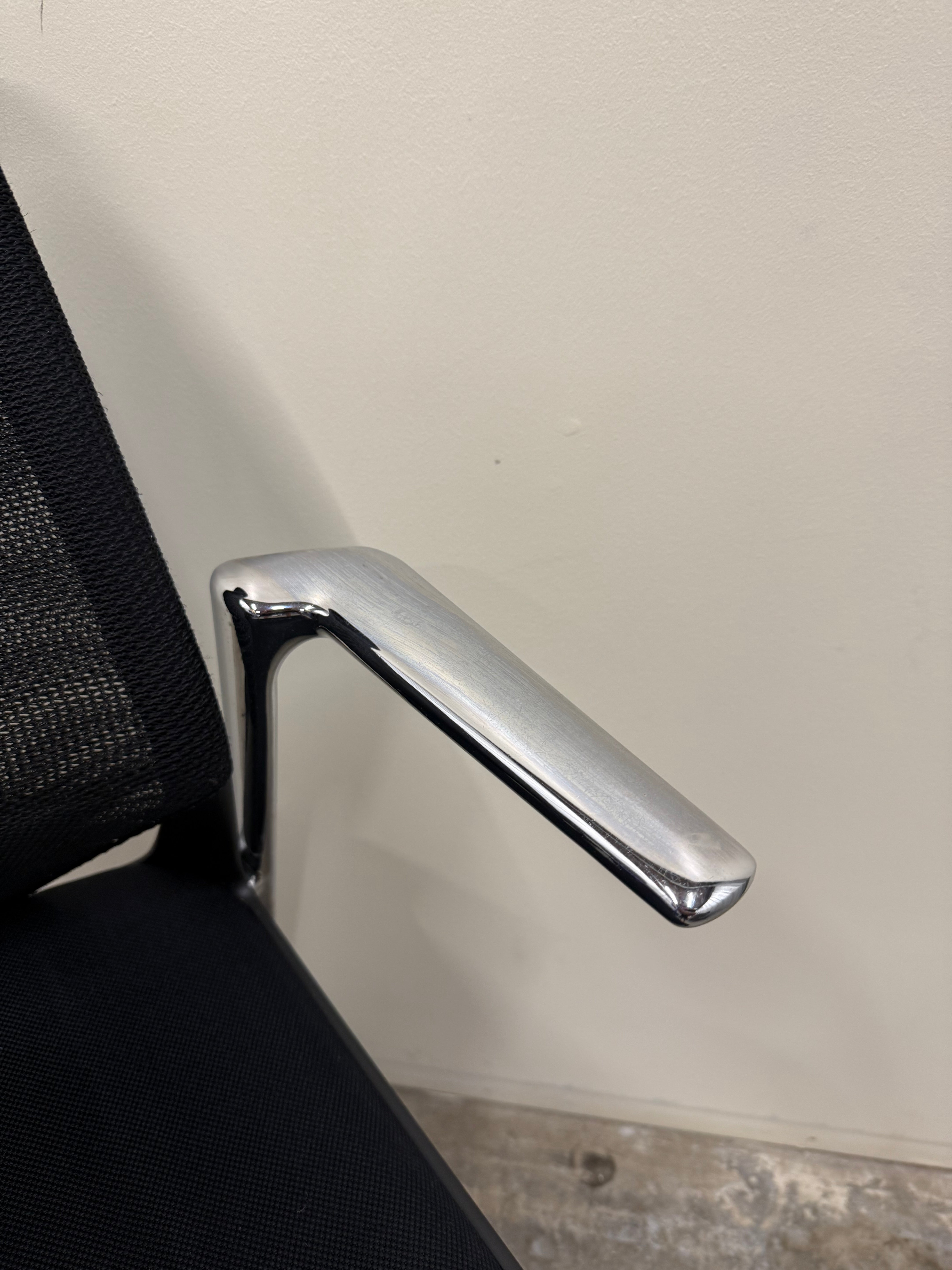 Vitra MedaSlim Chair – Black Mesh Back with Chrome Armrests