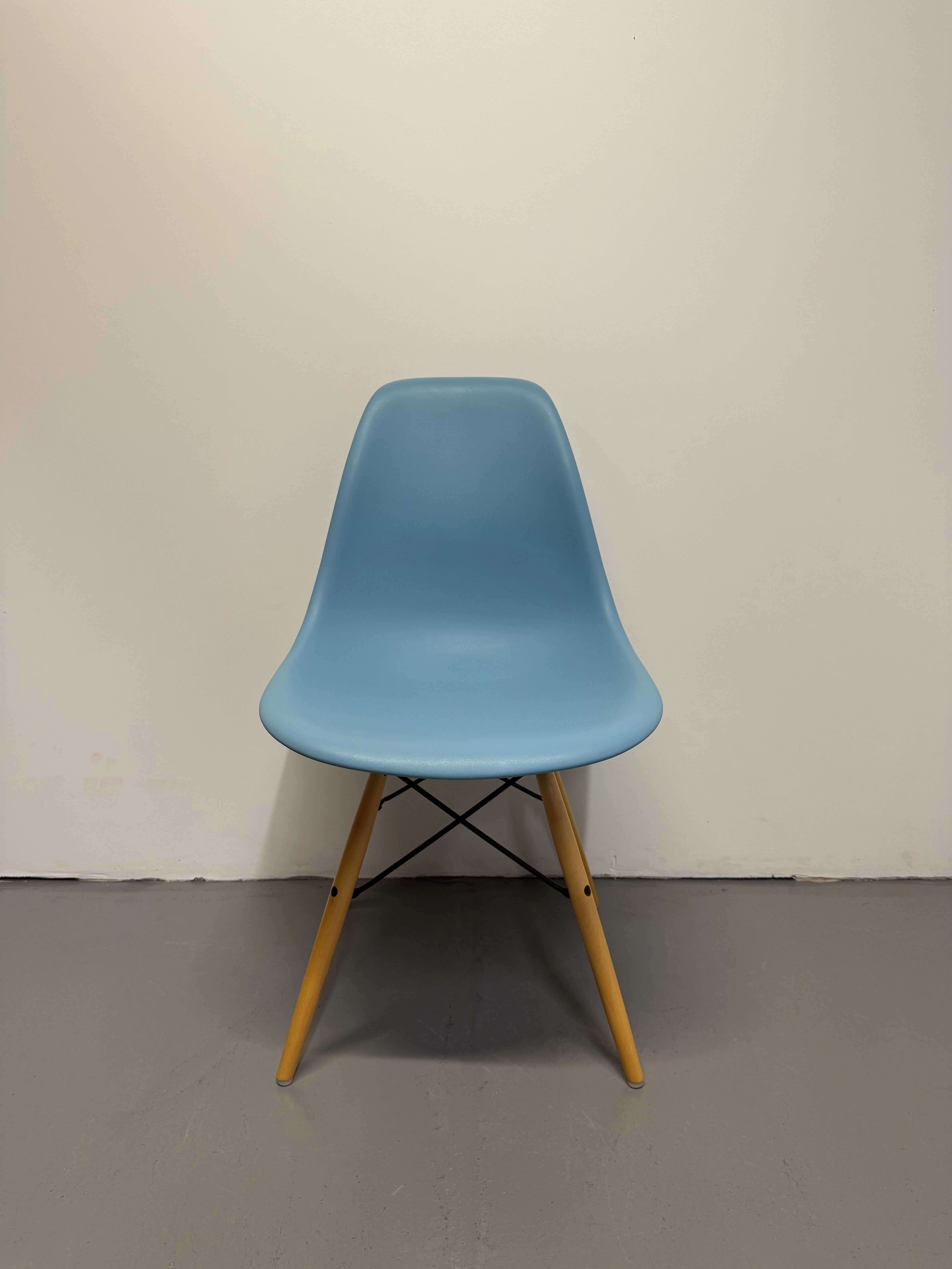 Eames Molded Plastic Side Chair by Herman Miller – Light Blue / Wood Dowel Base