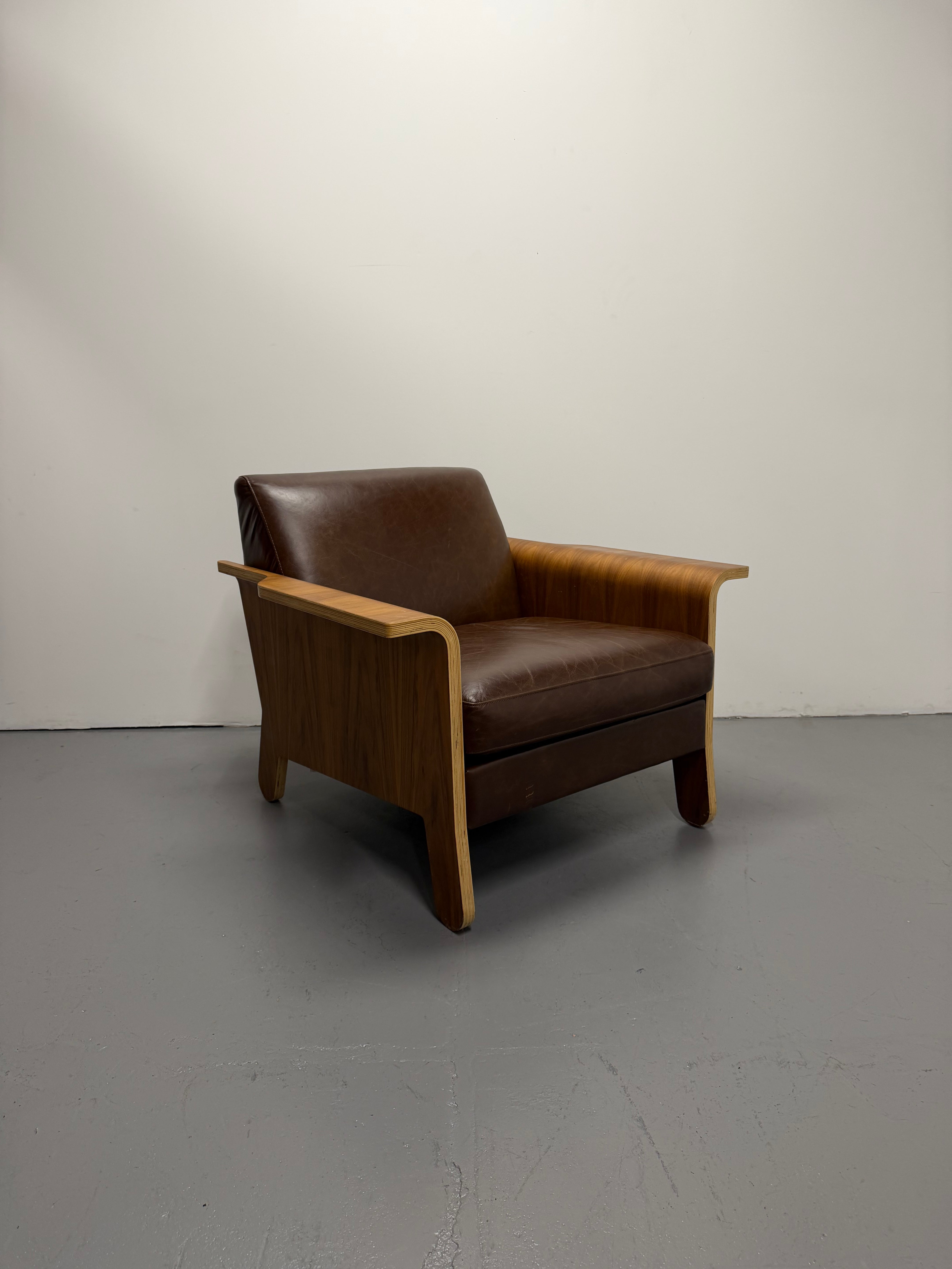 Gus Lodge Chair – Brown Leather & Walnut