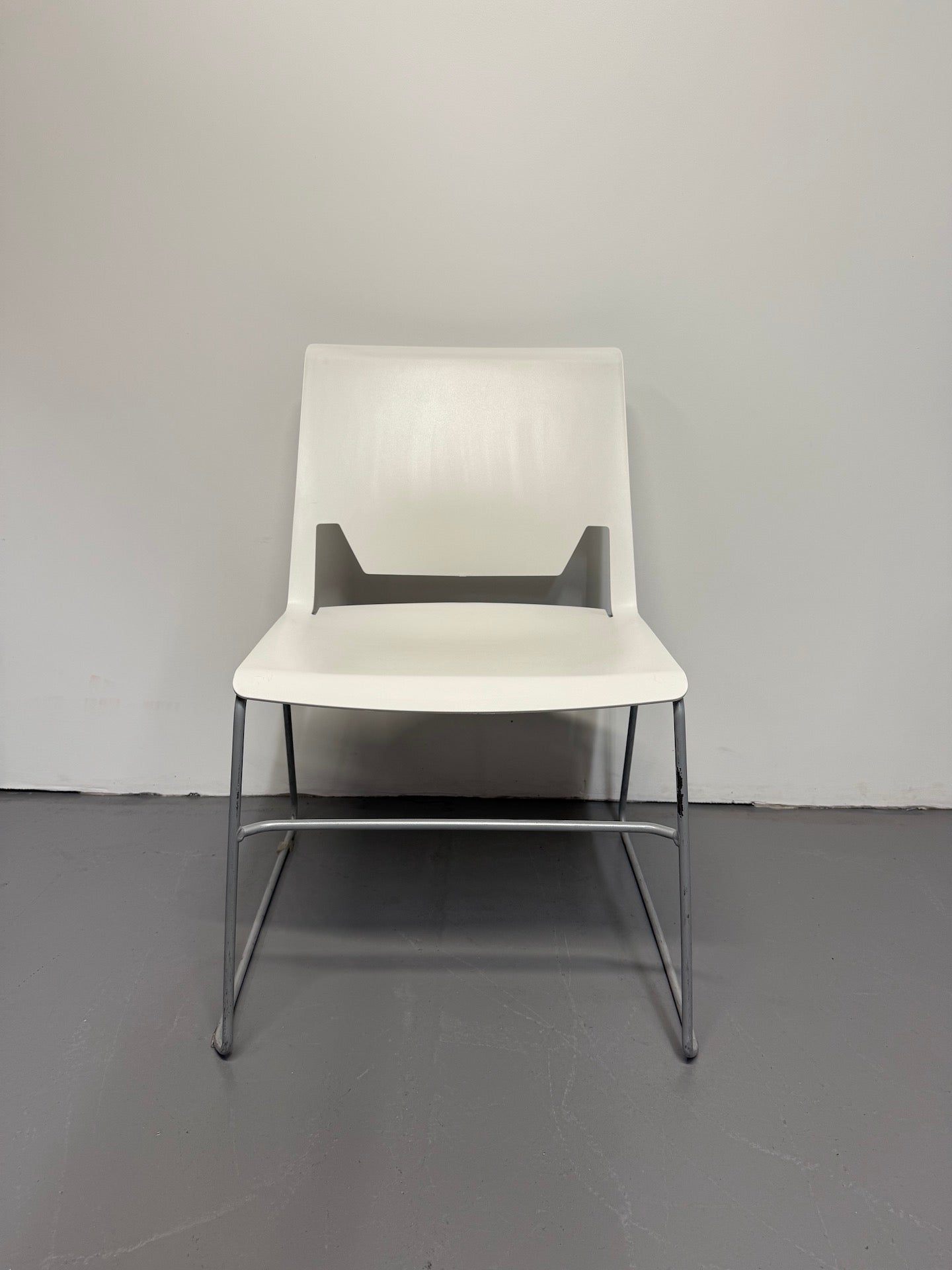 Haworth Very Sled Chair – White Seat with Metallic Silver – Stackable
