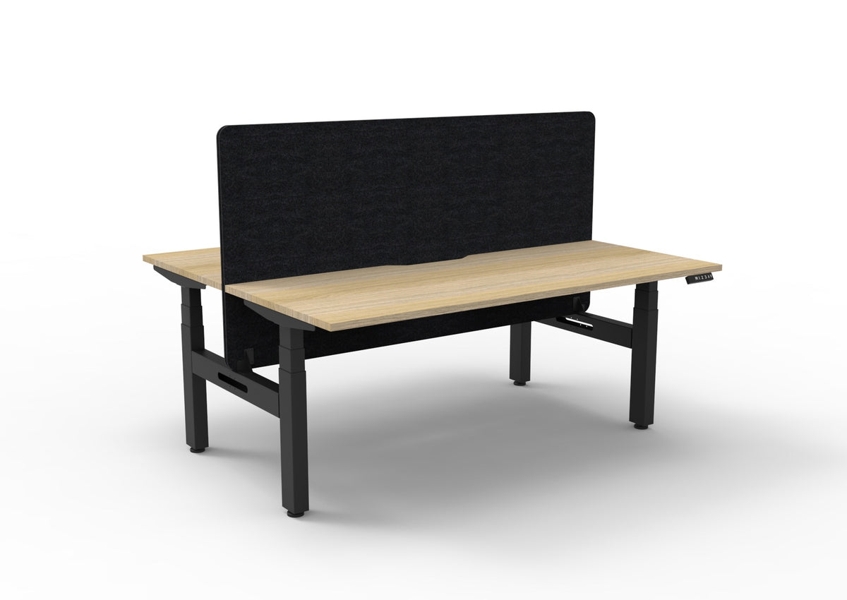 Back-to-back sit-stand workstation with black Eco Panel screen, oak and black