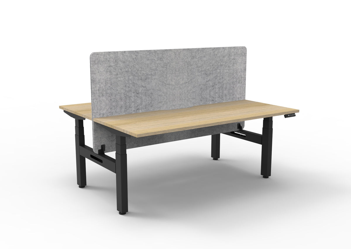 Back-to-back sit-stand workstation with marble grey Eco Panel screen, oak and black