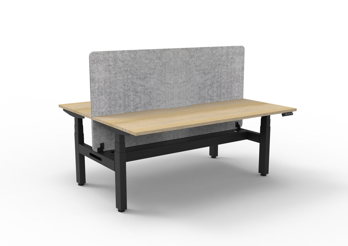 Back-to-back sit-stand workstation with cable tray and marble grey Eco Panel screen, oak and black