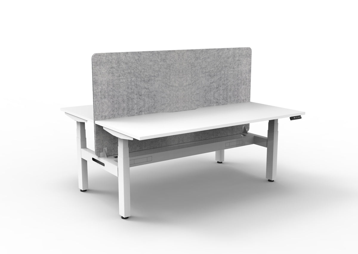 Back-to-back sit-stand workstation with cable tray and marble grey Eco Panel screen, white