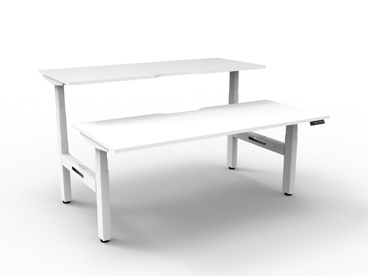 Back-to-back electric sit-stand workstation, white top, white frame