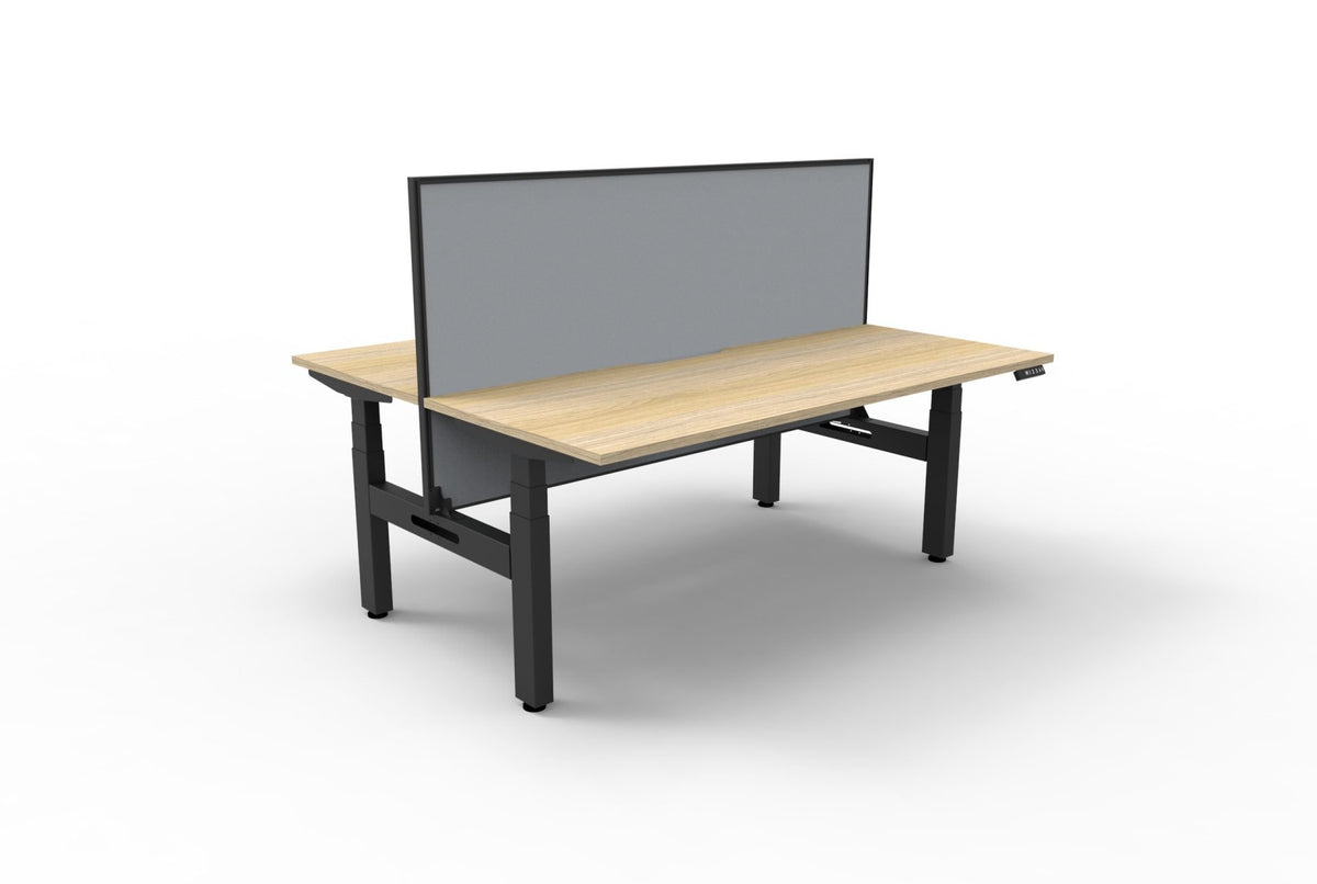 Back-to-back sit-stand workstation with aluminium framed screen, oak and black