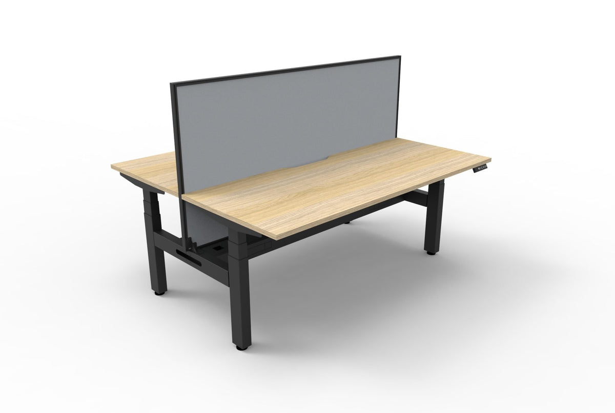 Back-to-back sit-stand workstation with cable tray and aluminium framed screen, oak and black