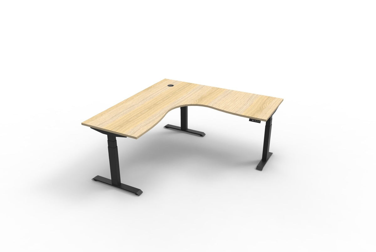 Electric sit-stand corner desk, oak top, black frame
