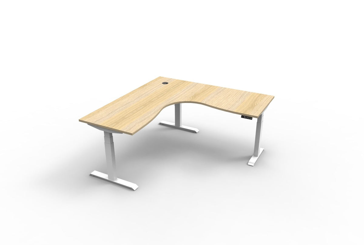 Electric sit-stand corner desk, oak top, white frame