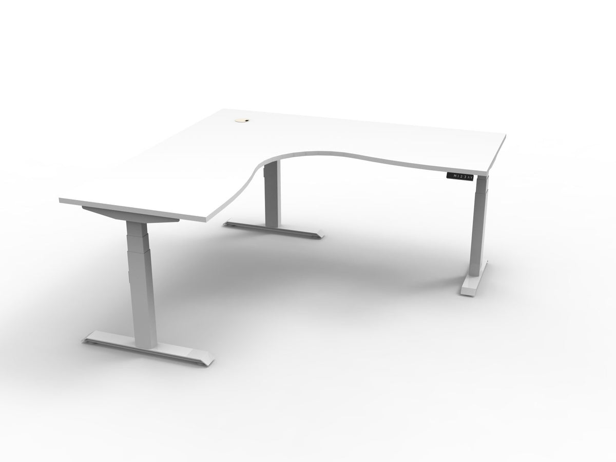 Electric sit-stand corner desk, white top, white frame