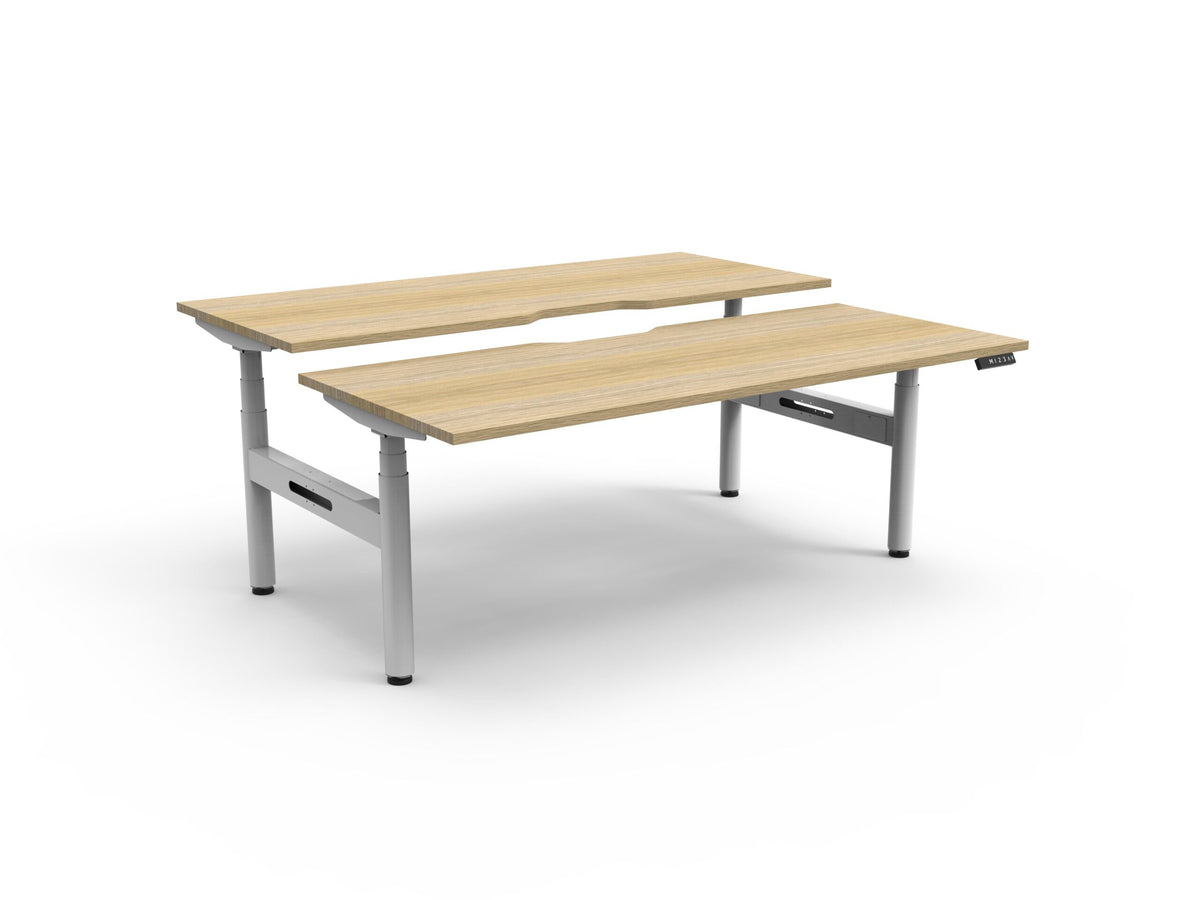 Back-to-back electric sit-stand desk, oak top, white frame